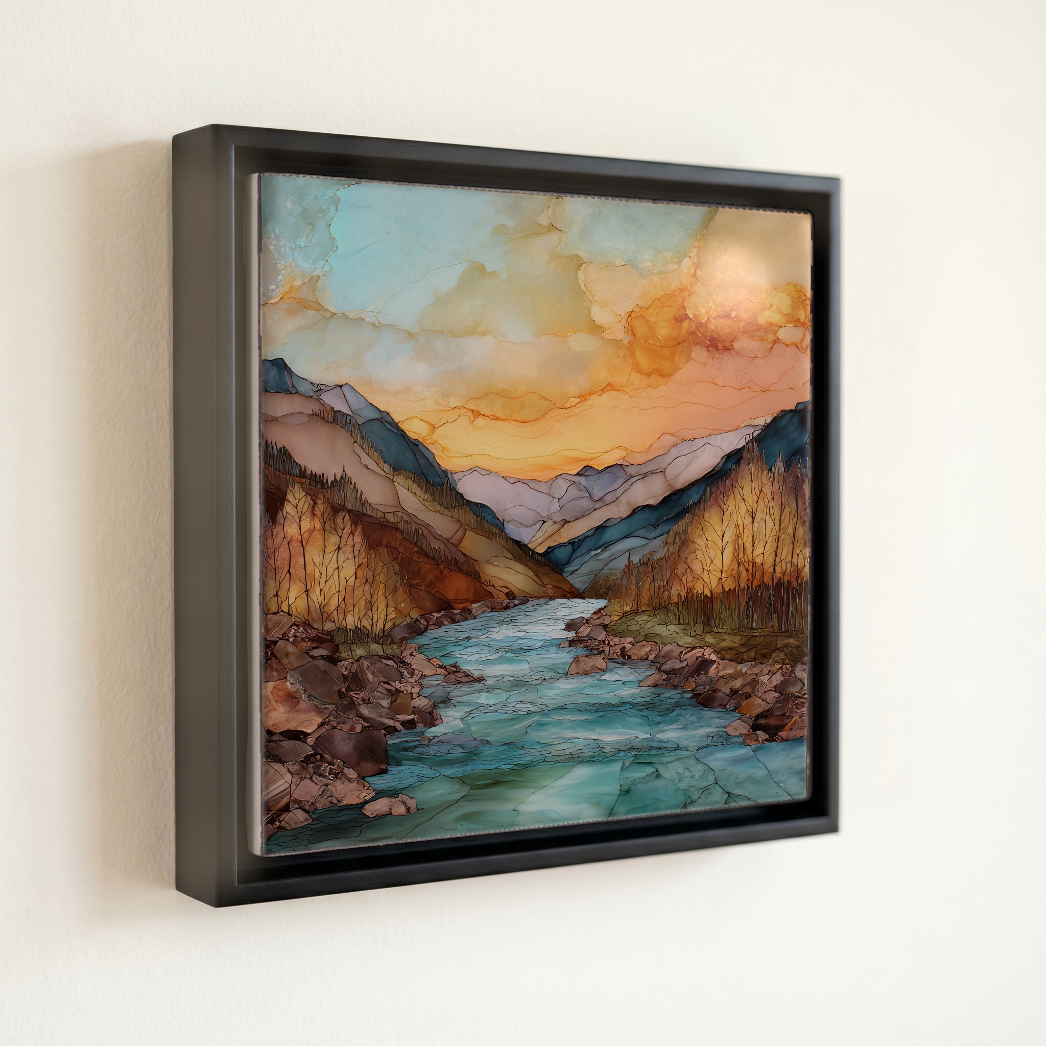 shown in a slim black floating frame · 6 × 6 in