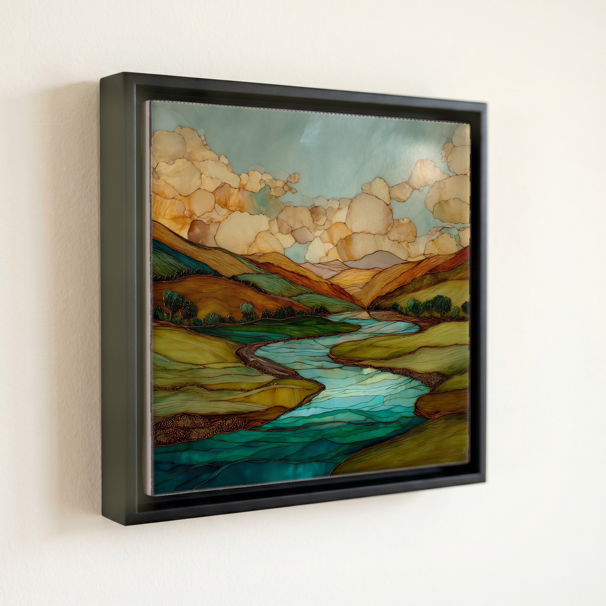 shown in a slim black floating frame · 6 × 6 in