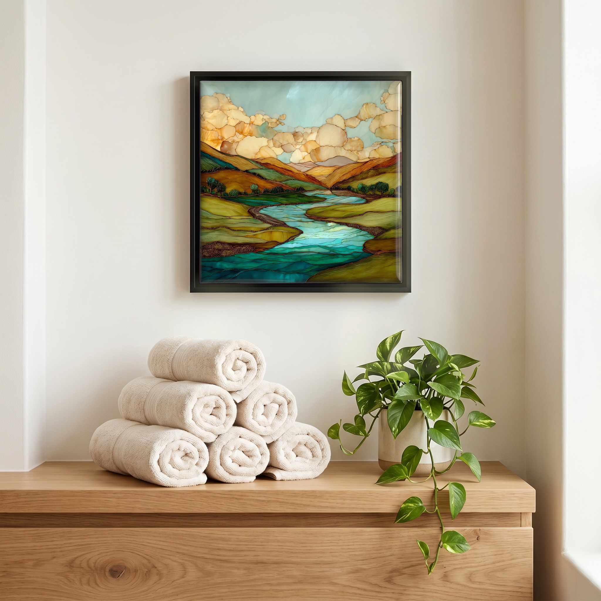 Above the linens, in a slim black surround.