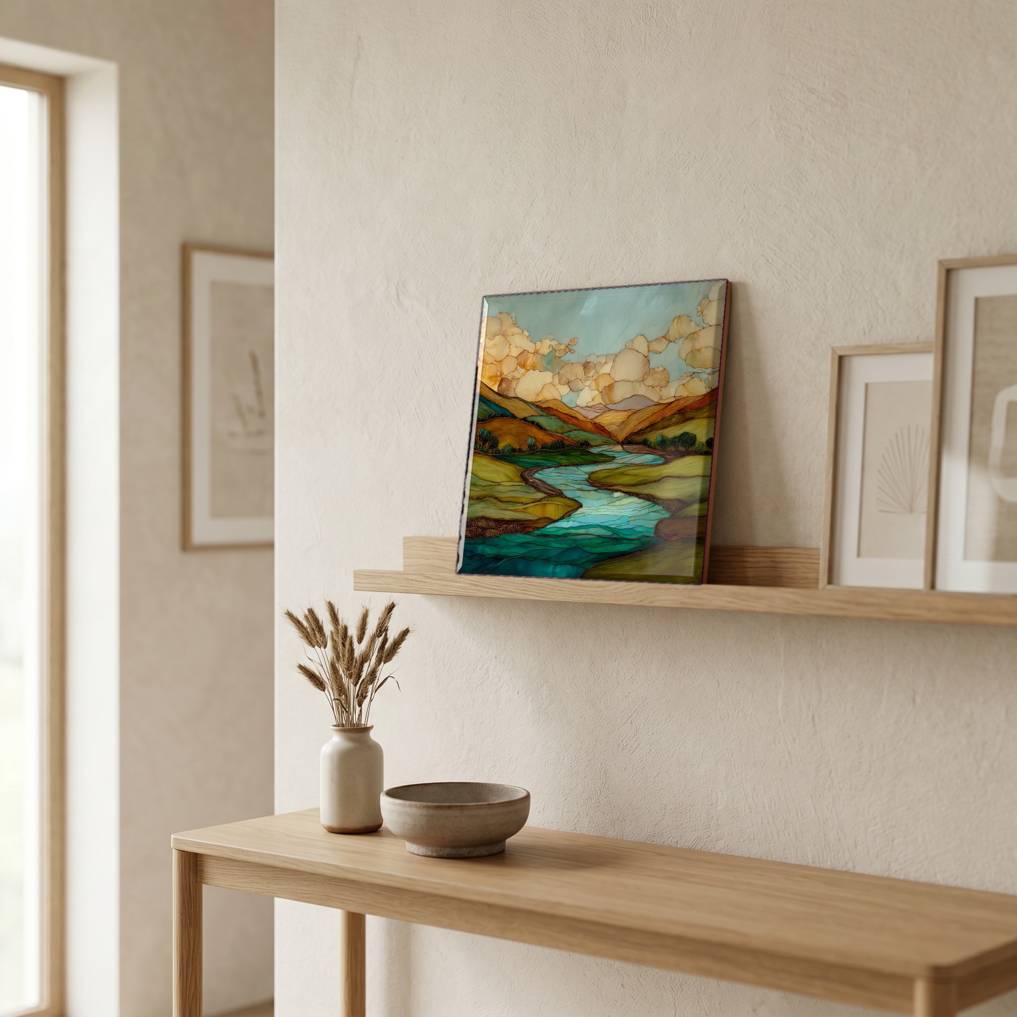 On a picture ledge, where the light comes in.