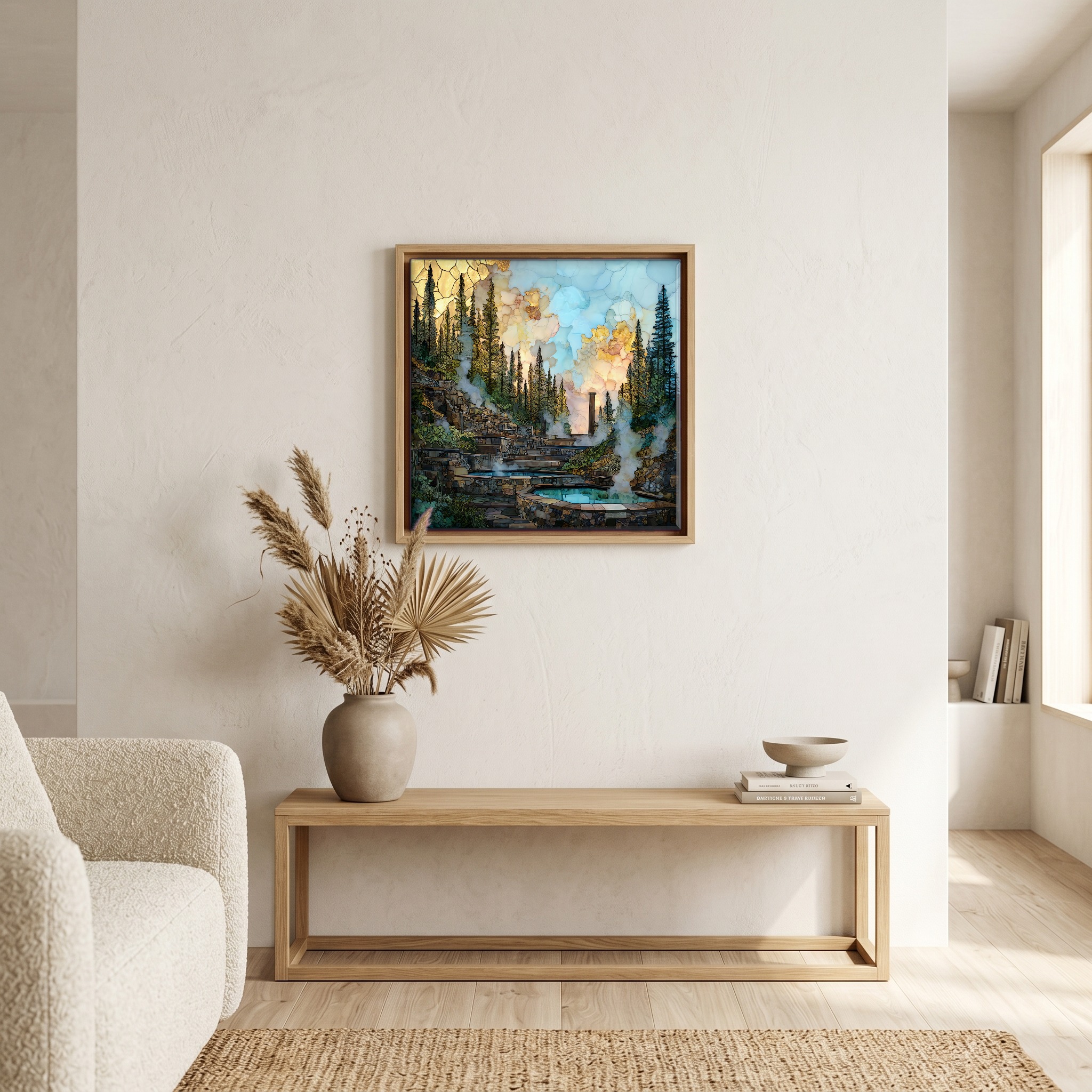 Above the bench, in a warm oak surround.