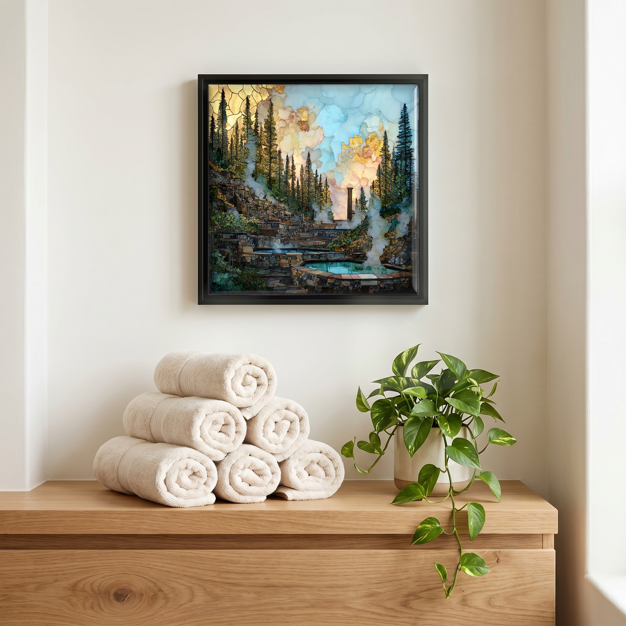 Above the linens, in a slim black surround.