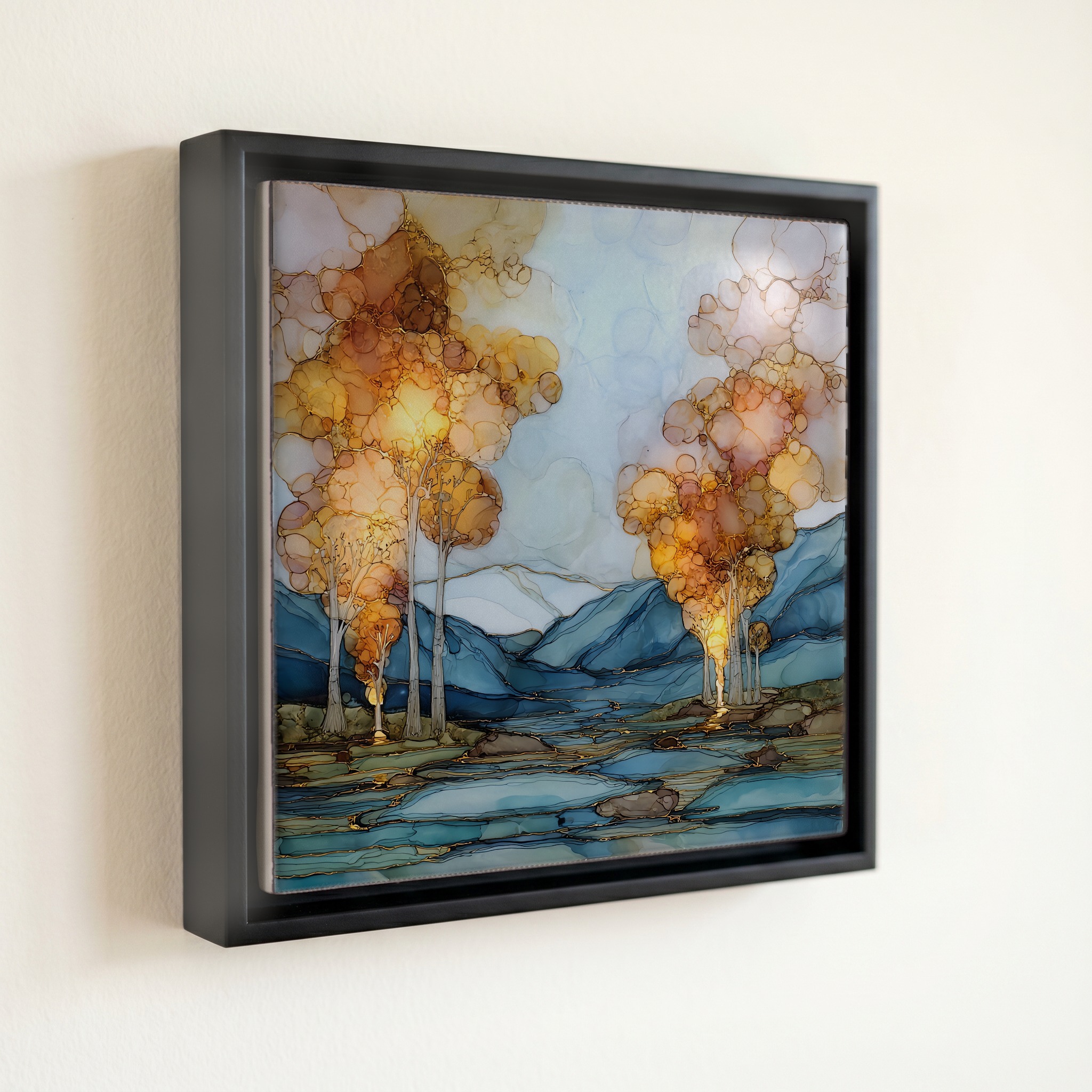 shown in a slim black floating frame · 6 × 6 in