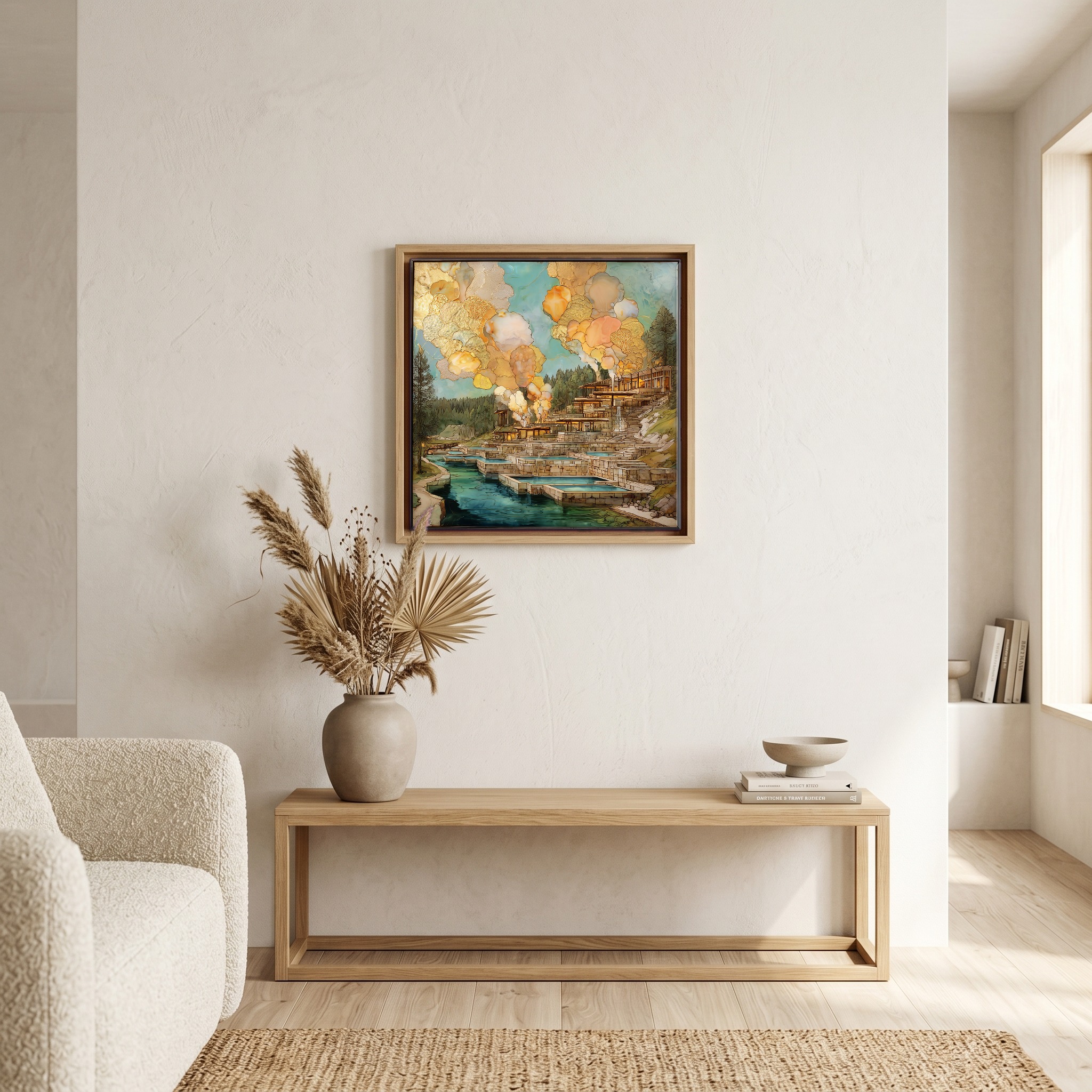 Above the bench, in a warm oak surround.