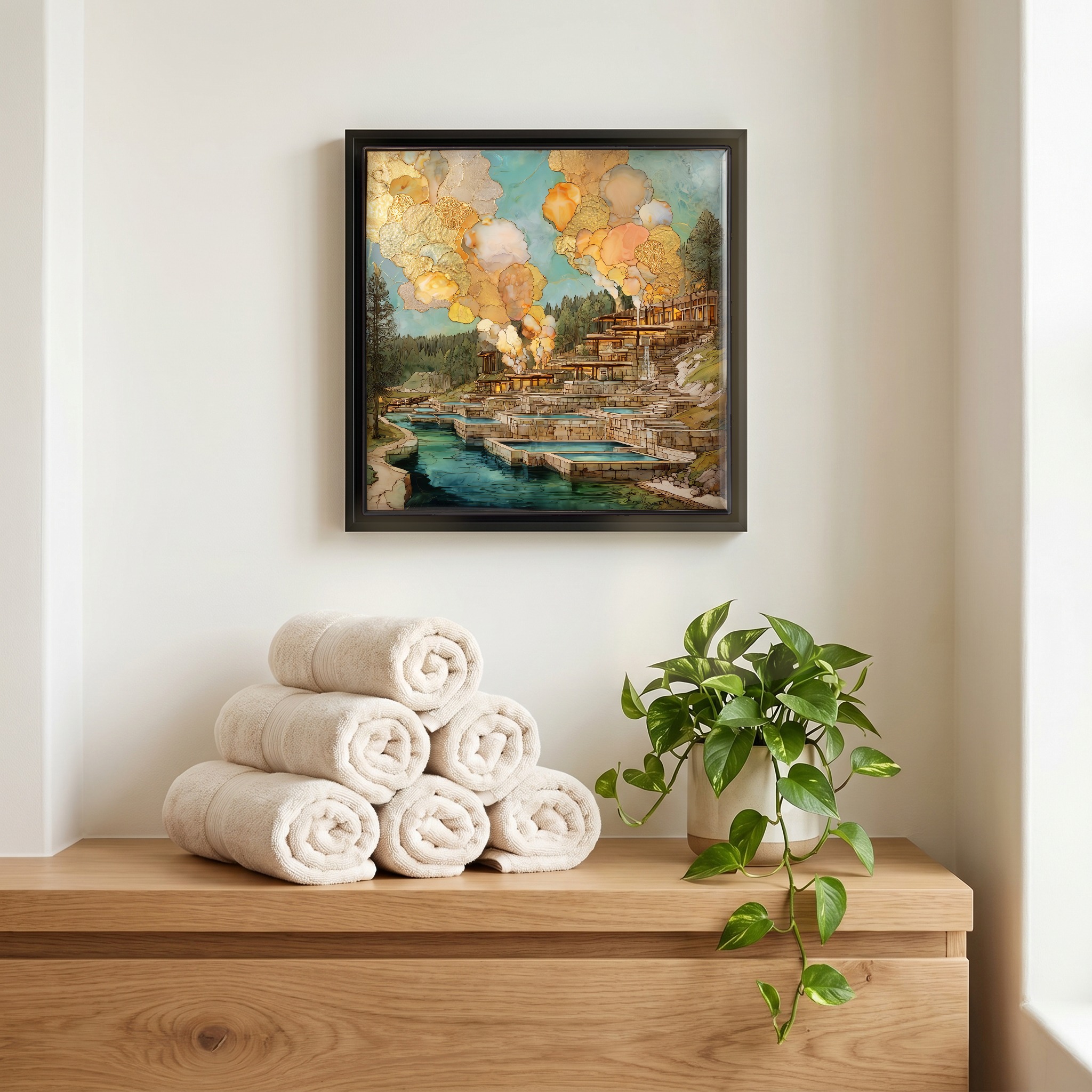 Above the linens, in a slim black surround.