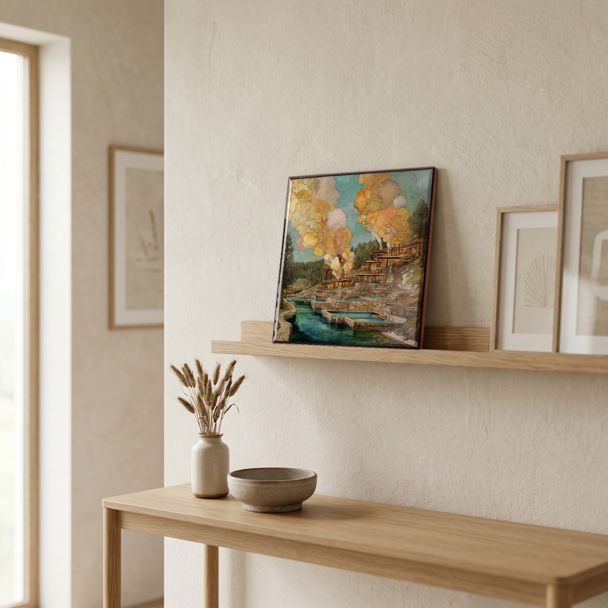On a picture ledge, where the light comes in.