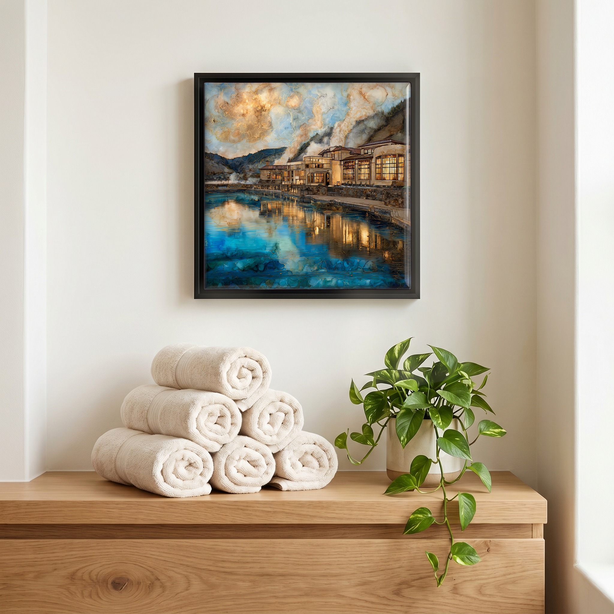 Above the linens, in a slim black surround.