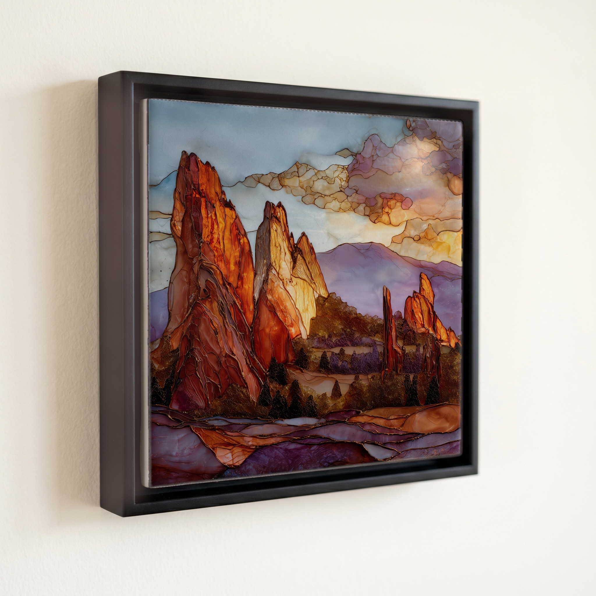 shown in a slim black floating frame · 6 × 6 in
