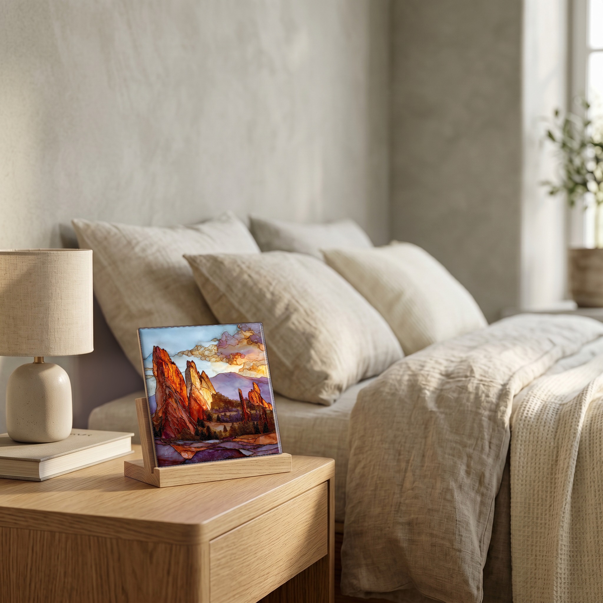 On the nightstand, on a light oak stand.