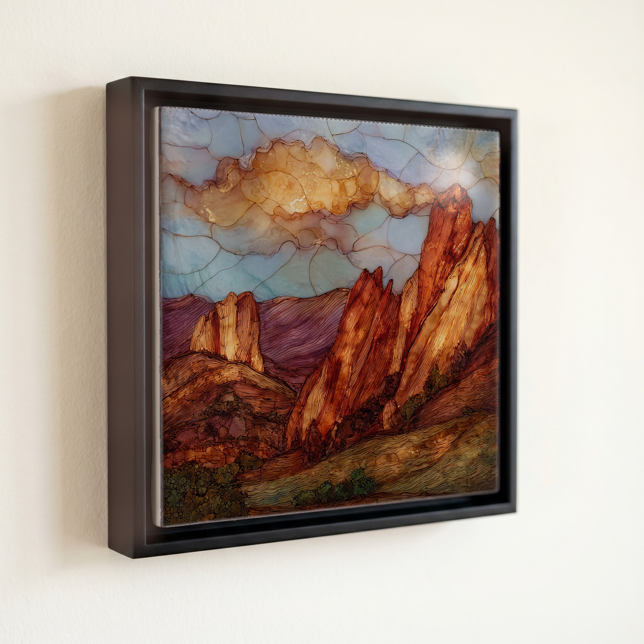 shown in a slim black floating frame · 6 × 6 in