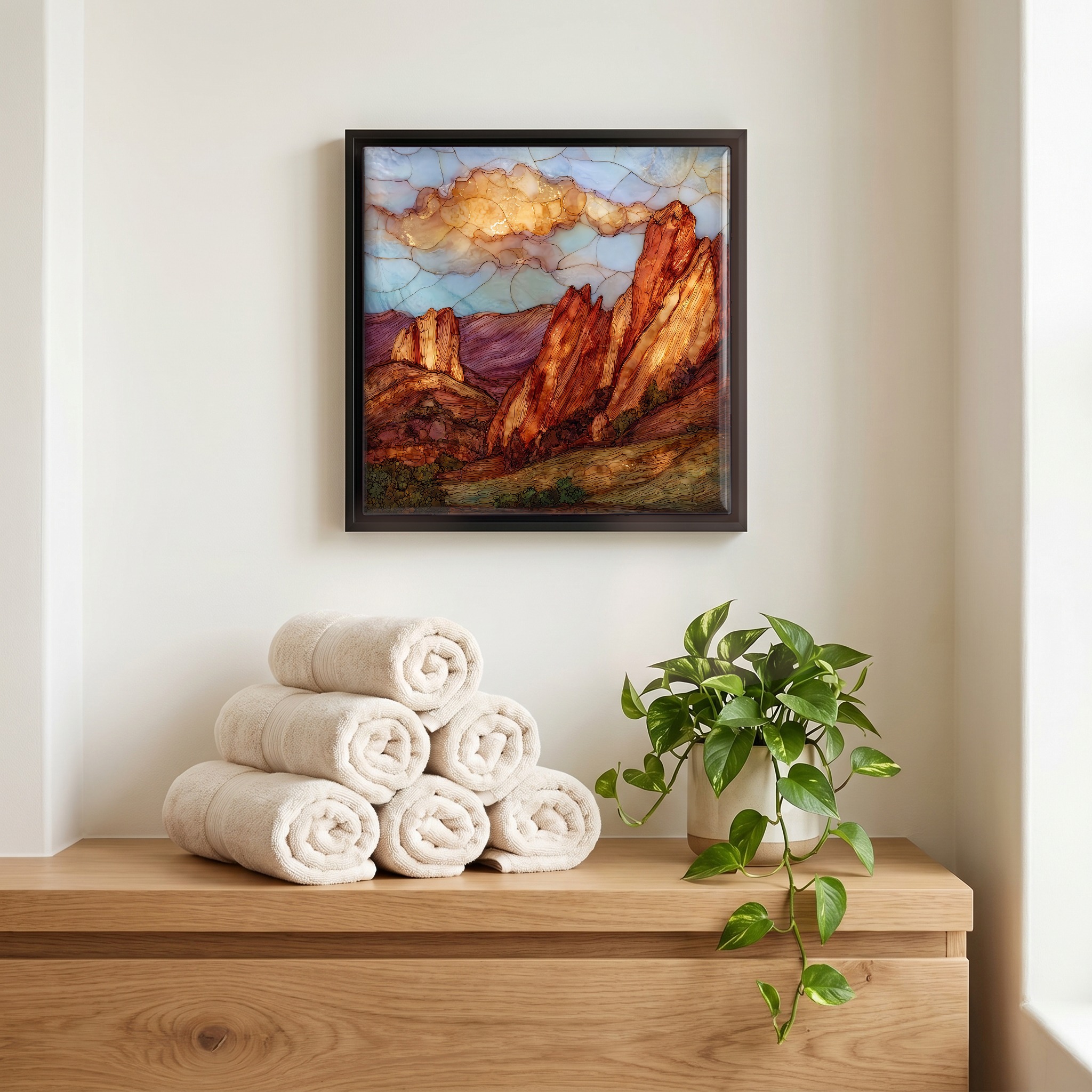 Above the linens, in a slim black surround.