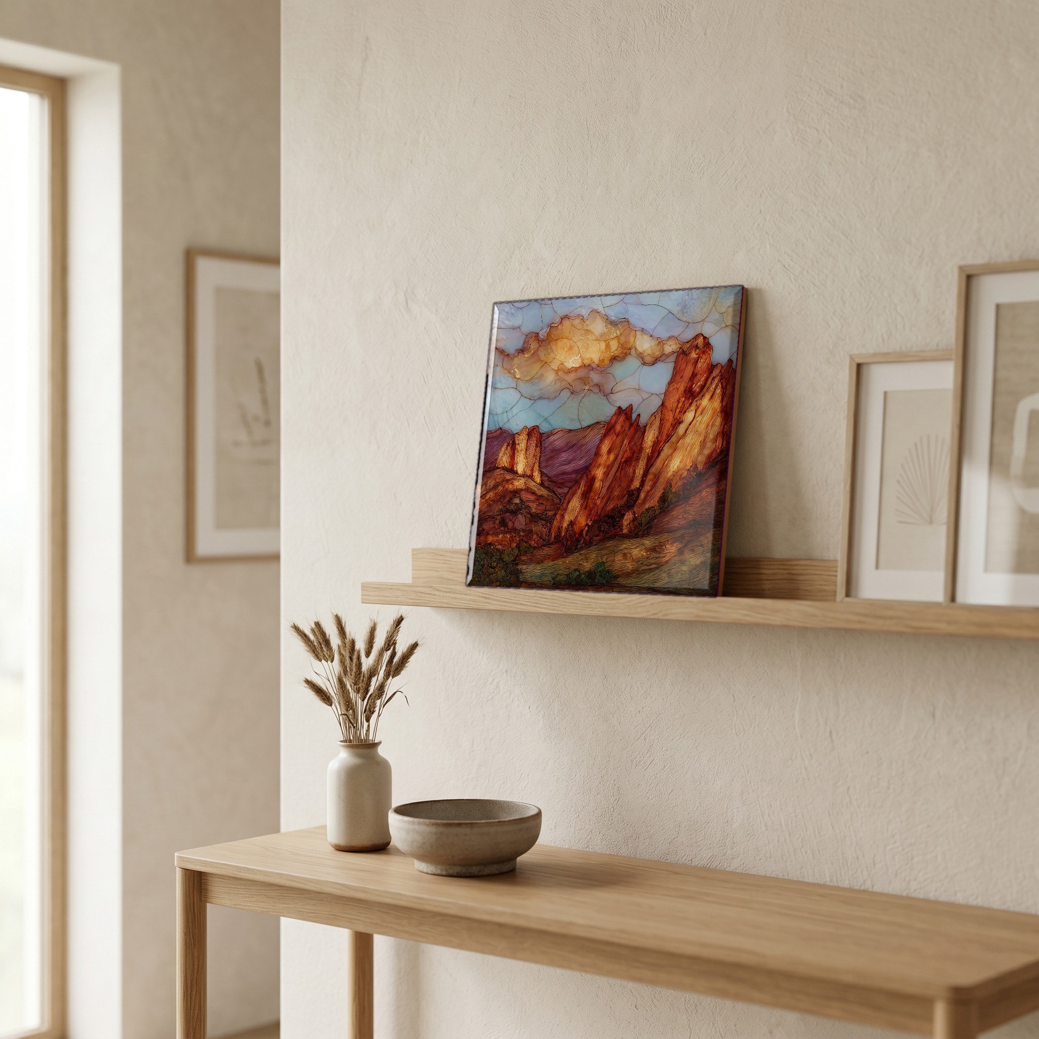 On a picture ledge, where the light comes in.