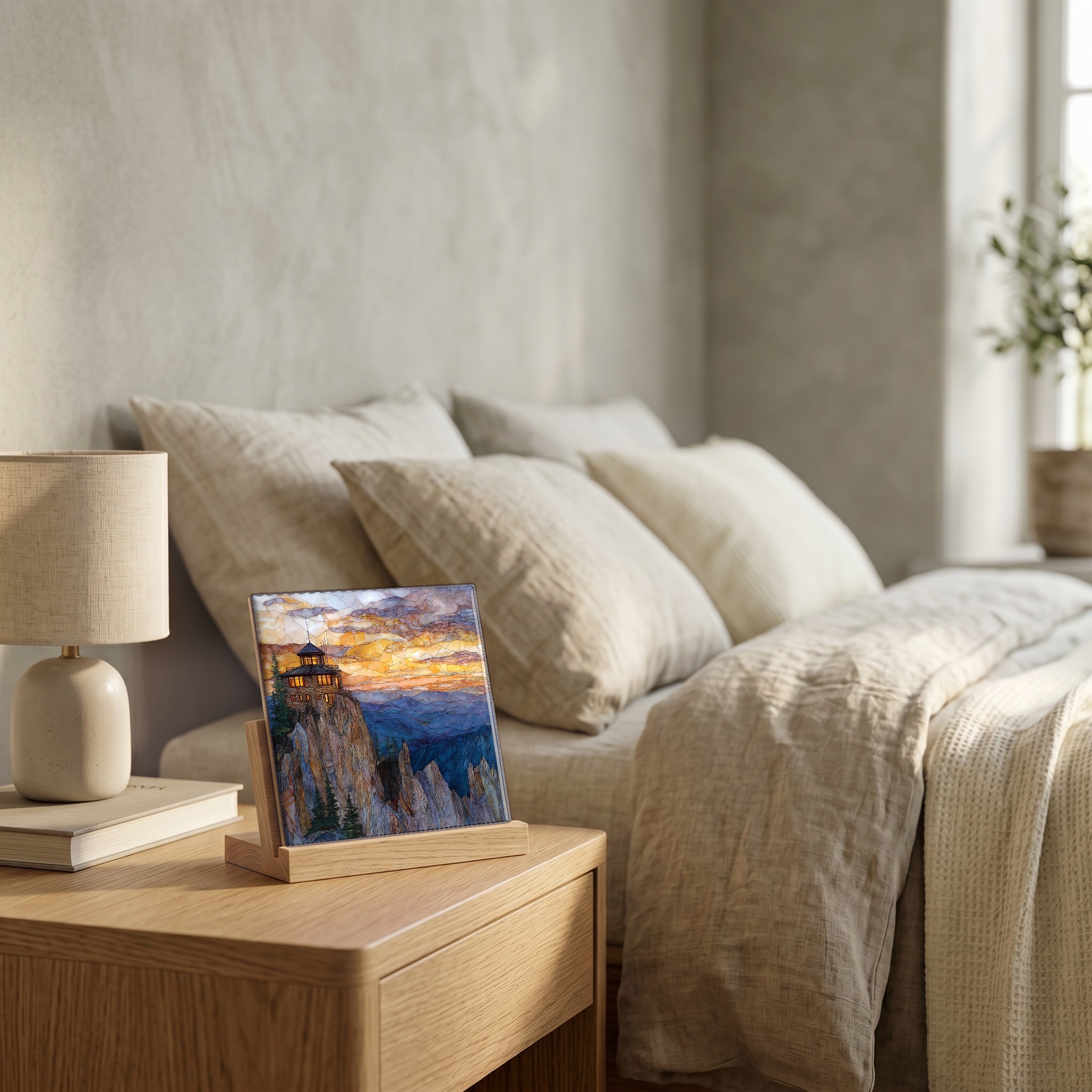 On the nightstand, on a light oak stand.