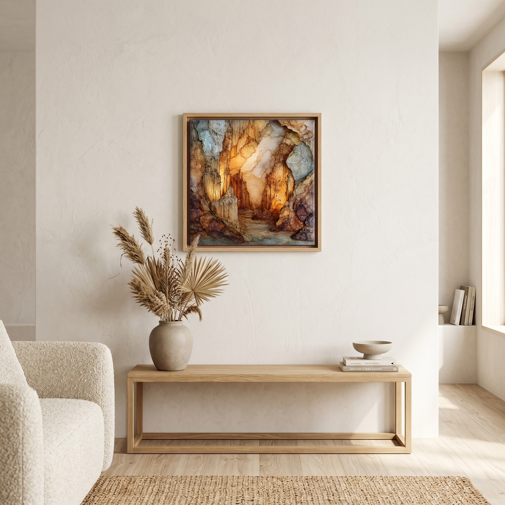 Above the bench, in a warm oak surround.