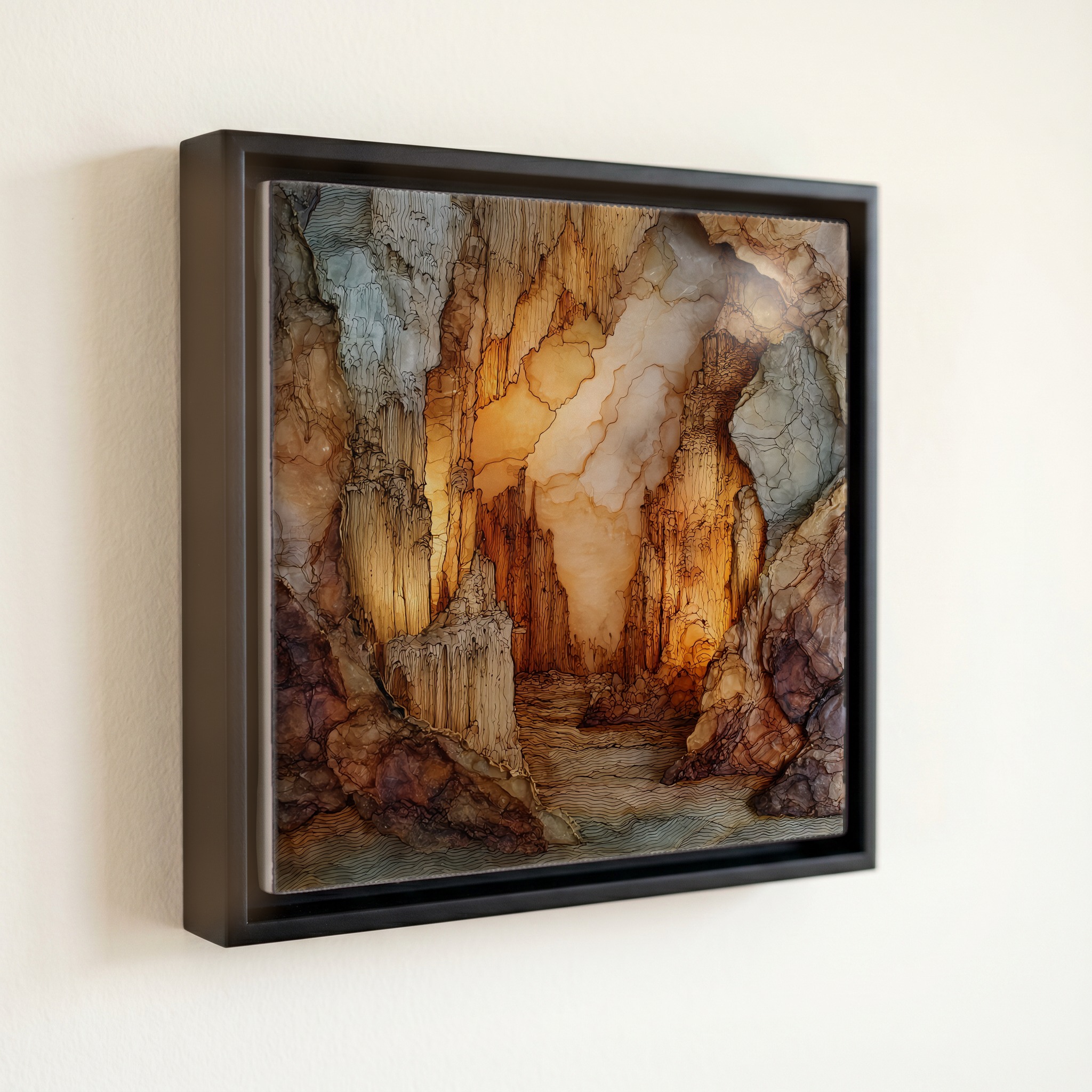 shown in a slim black floating frame · 6 × 6 in