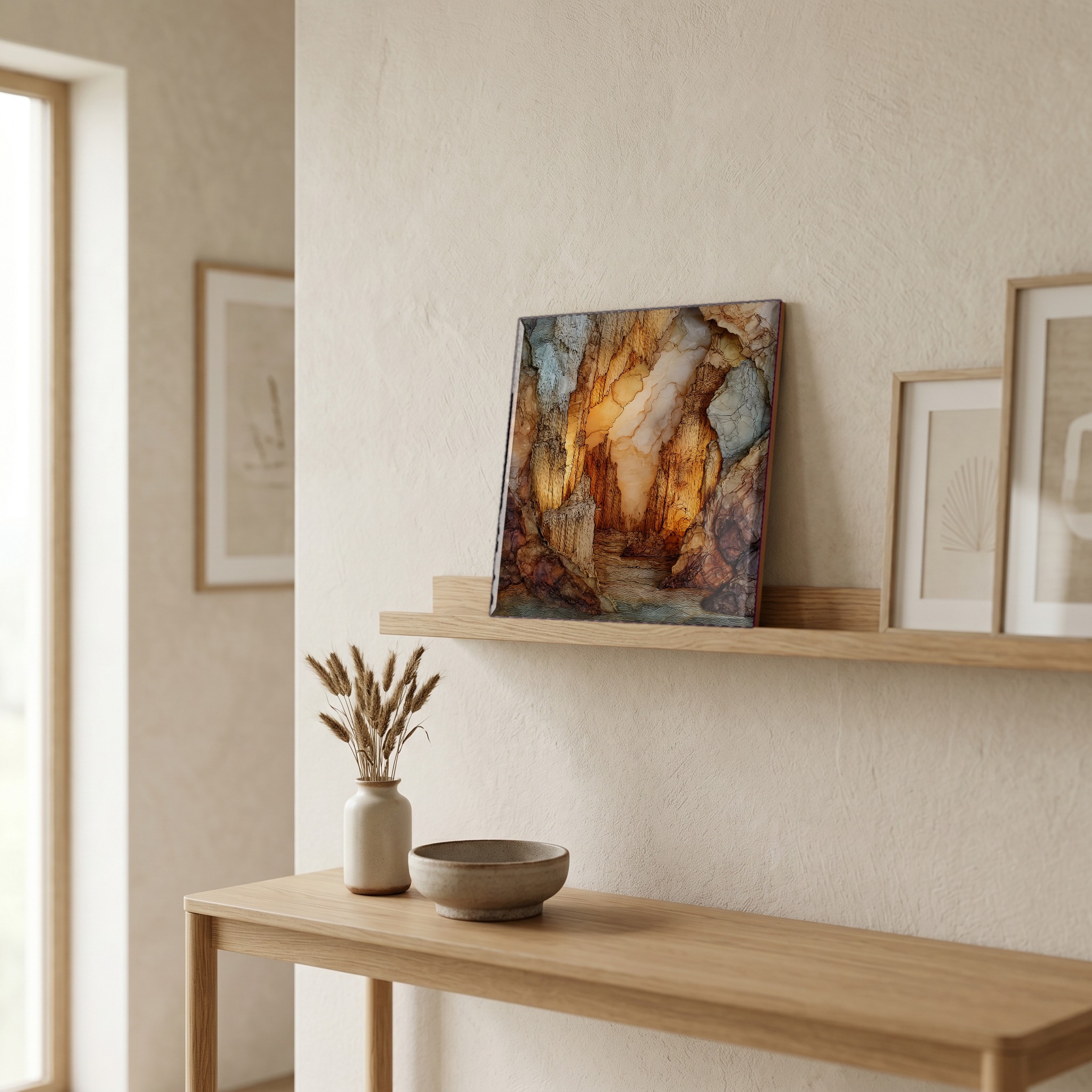 On a picture ledge, where the light comes in.