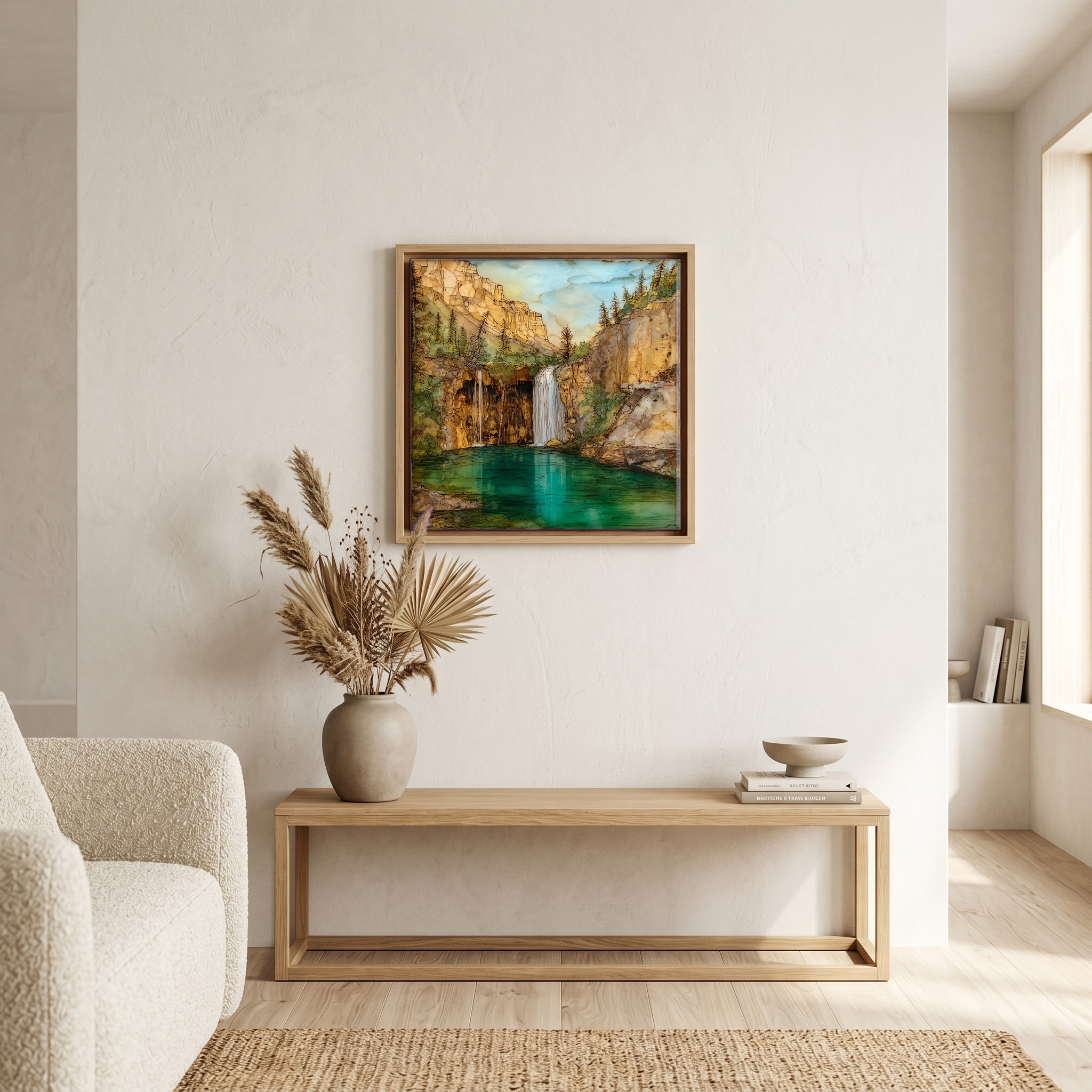 Above the bench, in a warm oak surround.