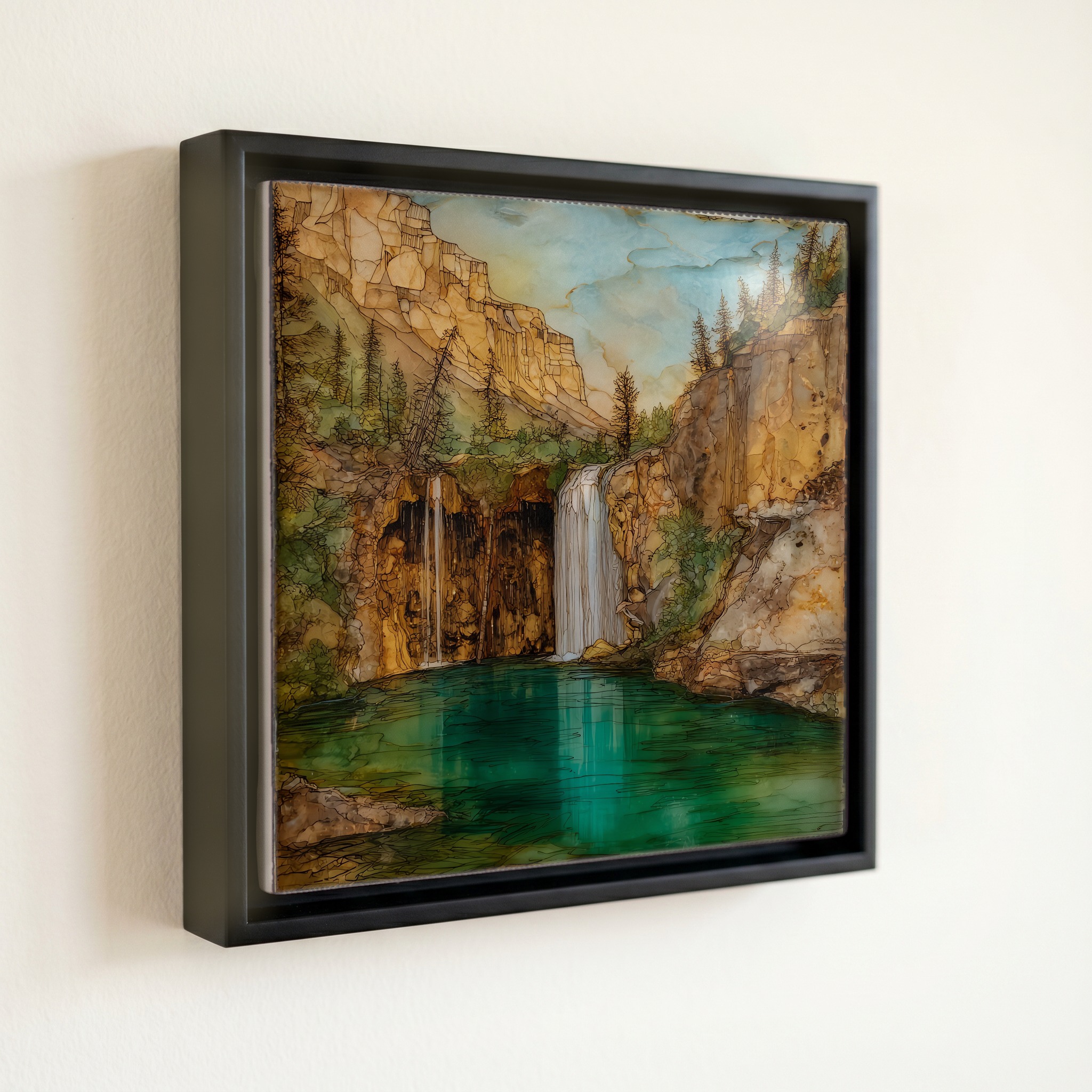 shown in a slim black floating frame · 6 × 6 in