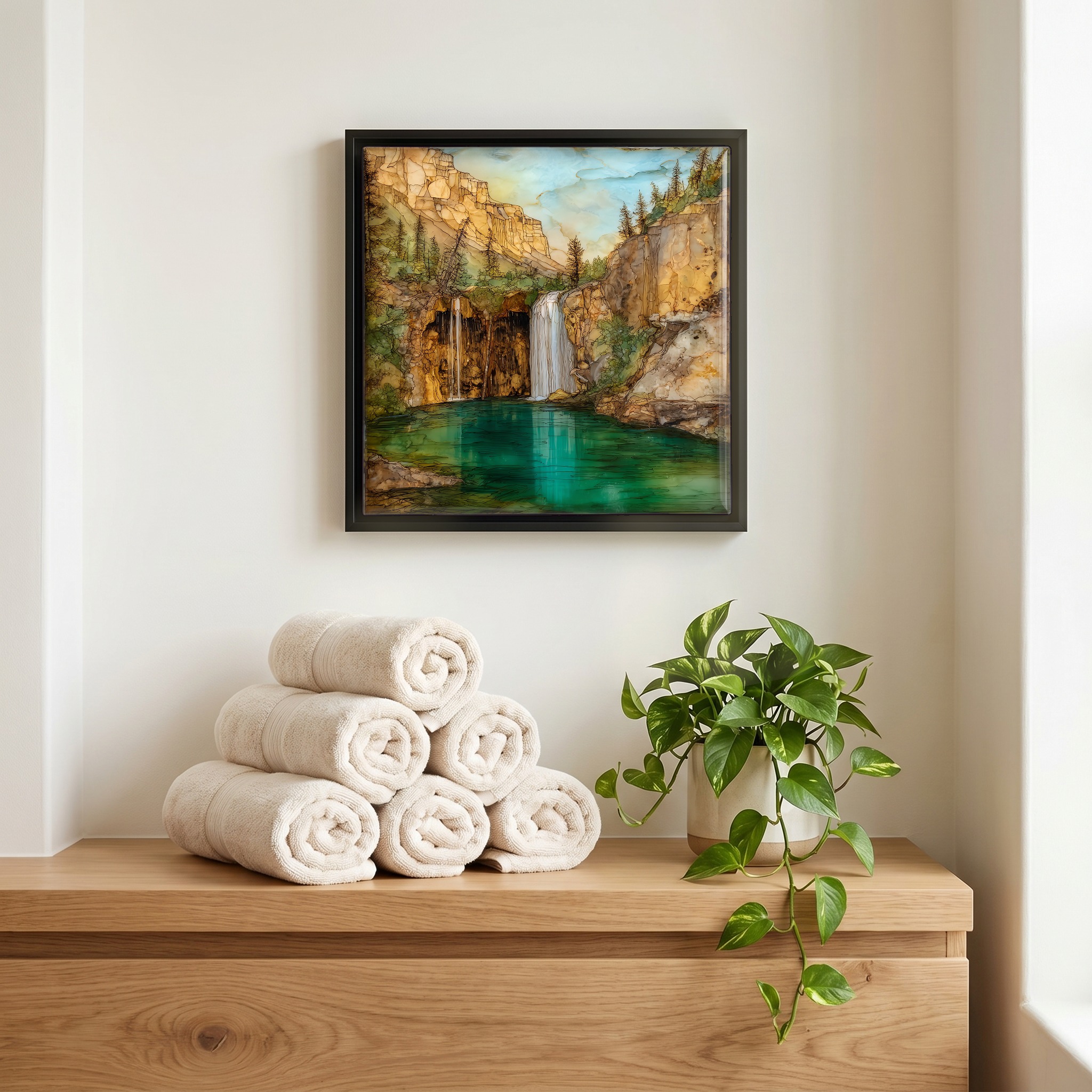 Above the linens, in a slim black surround.
