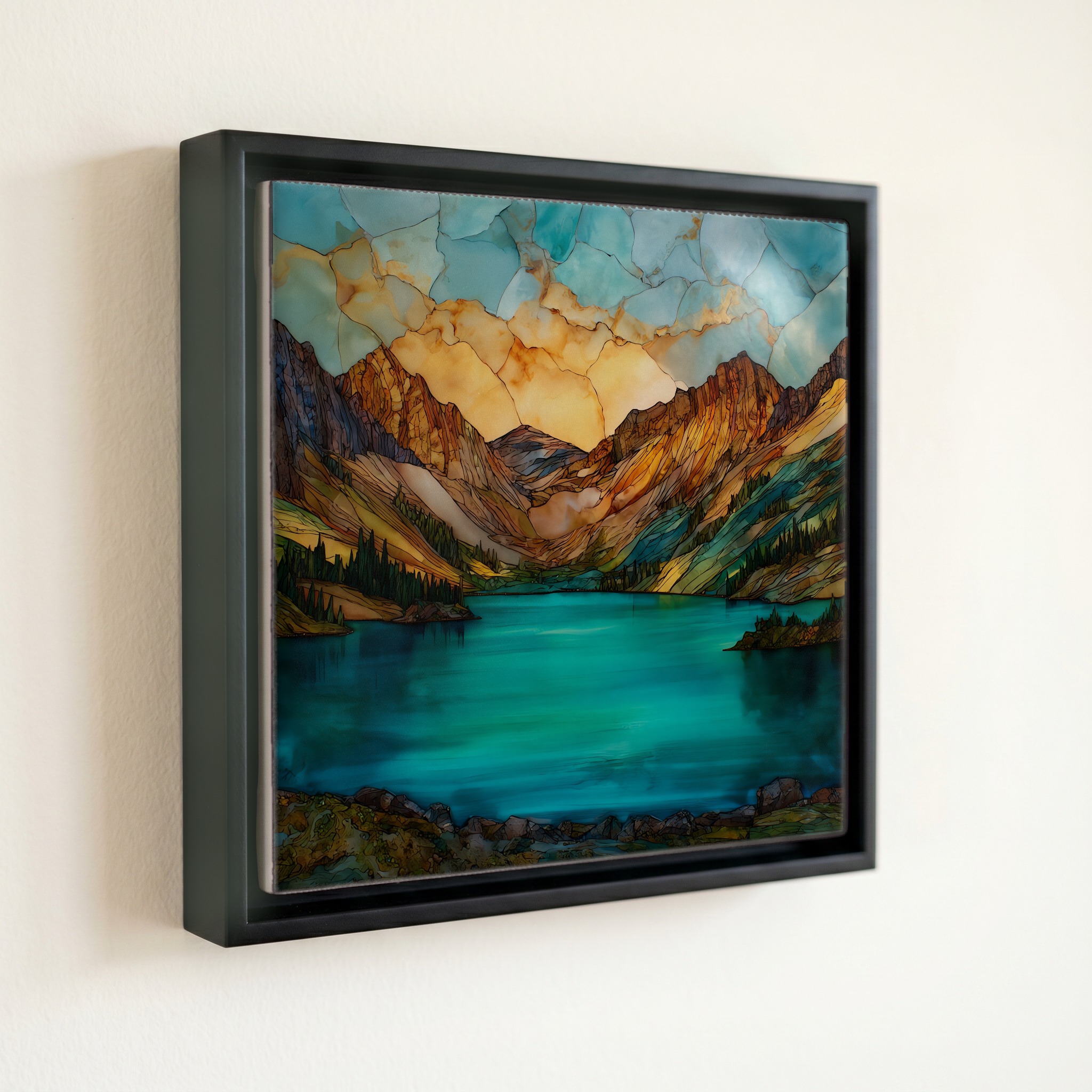 shown in a slim black floating frame · 6 × 6 in