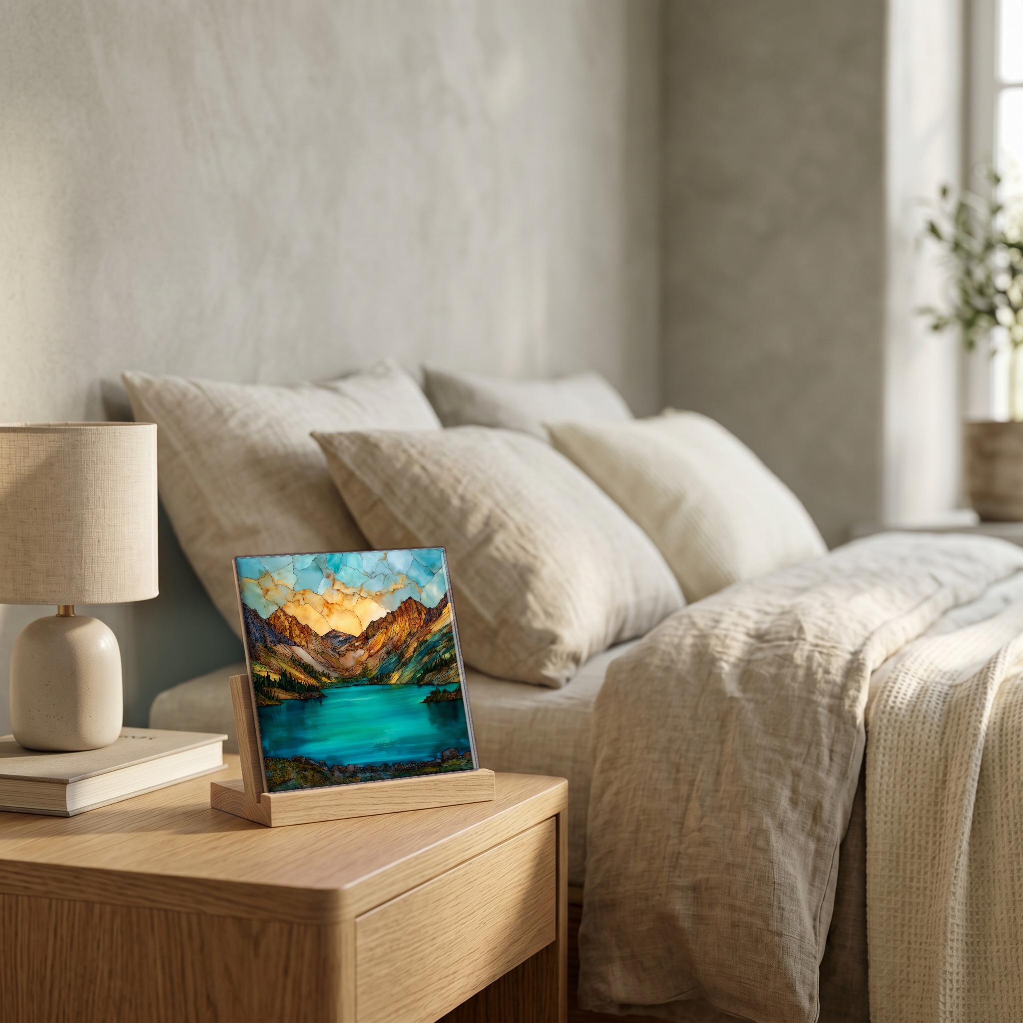On the nightstand, on a light oak stand.