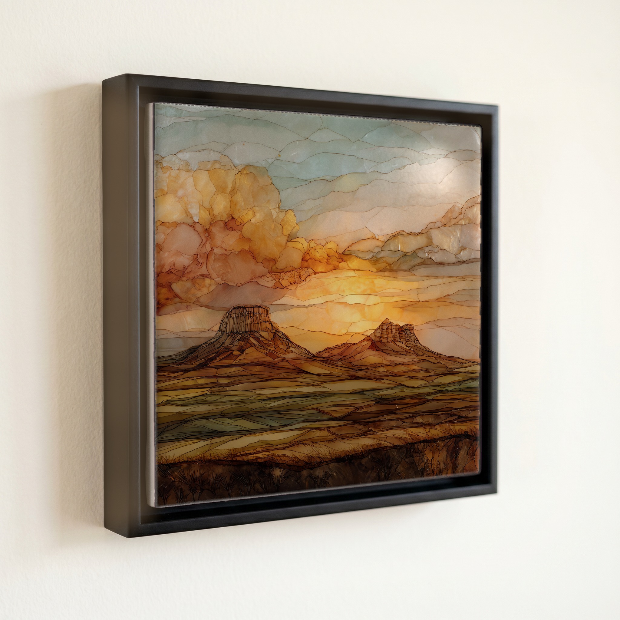 shown in a slim black floating frame · 6 × 6 in