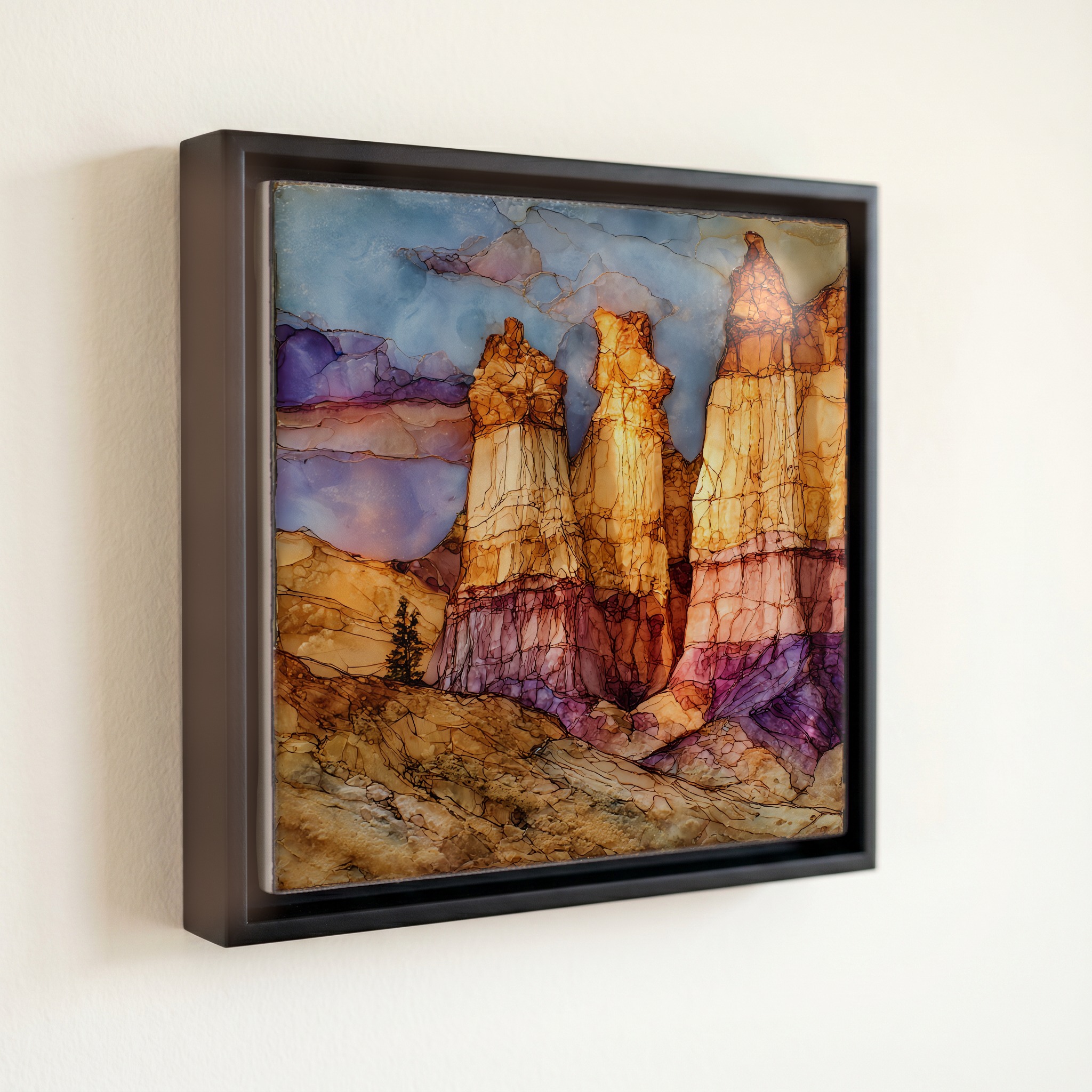shown in a slim black floating frame · 6 × 6 in