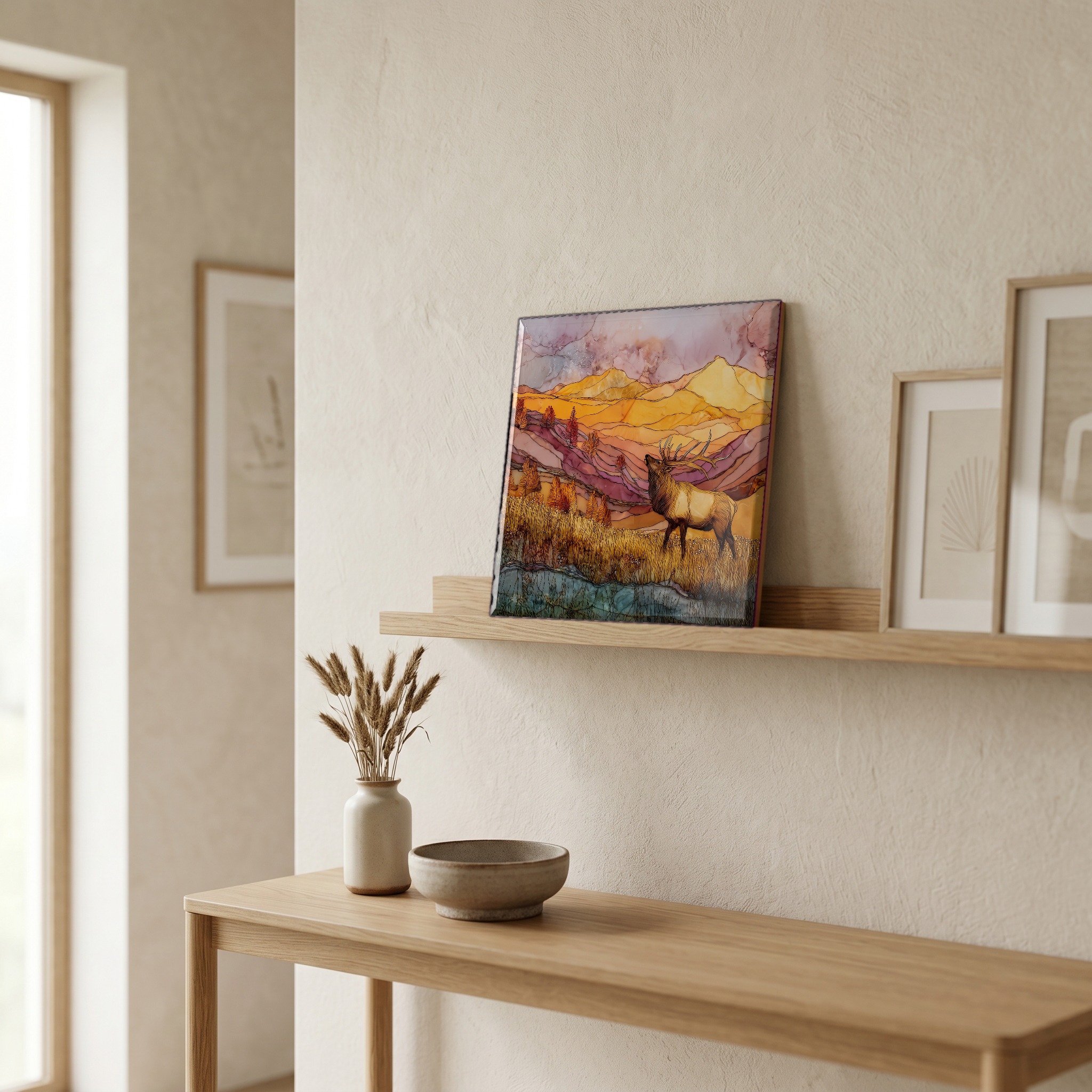 On a picture ledge, where the light comes in.