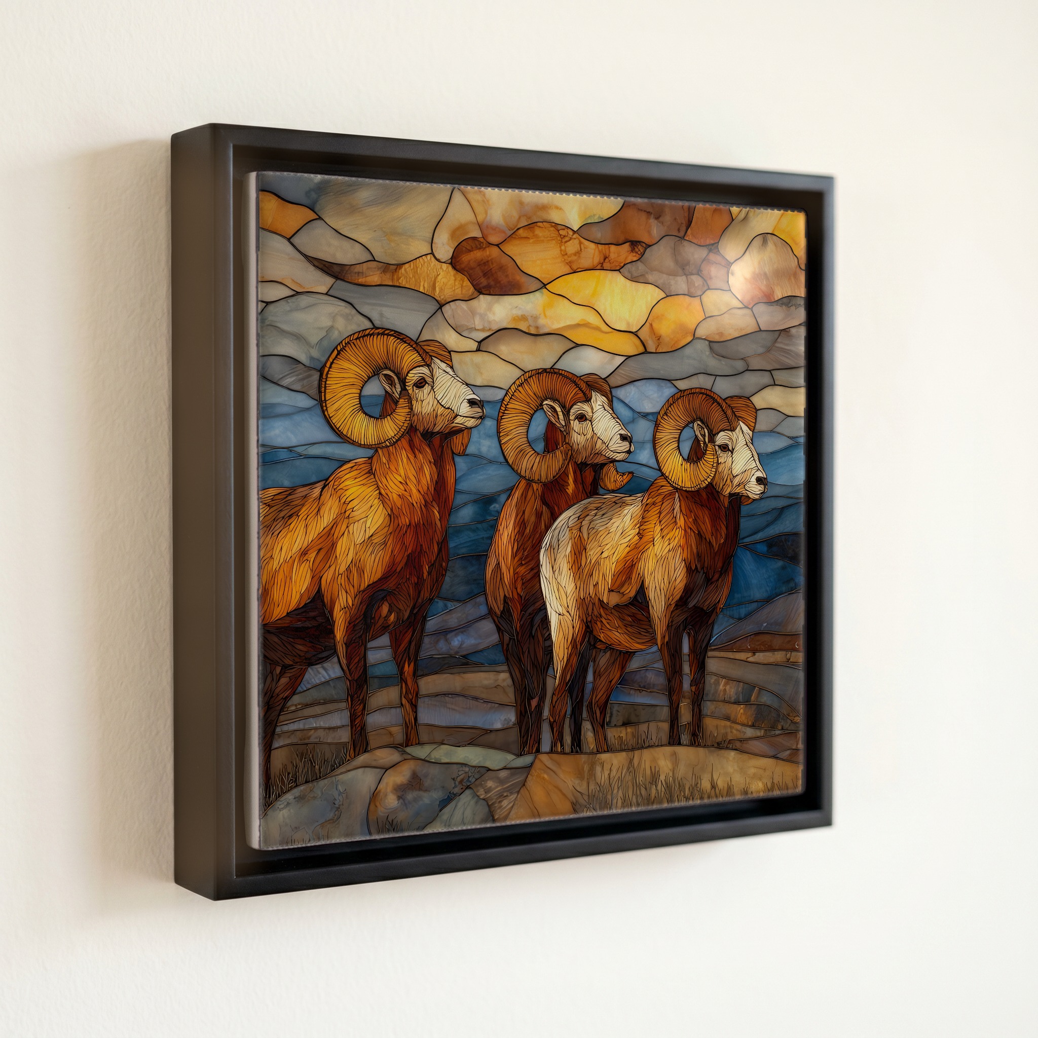 shown in a slim black floating frame · 6 × 6 in