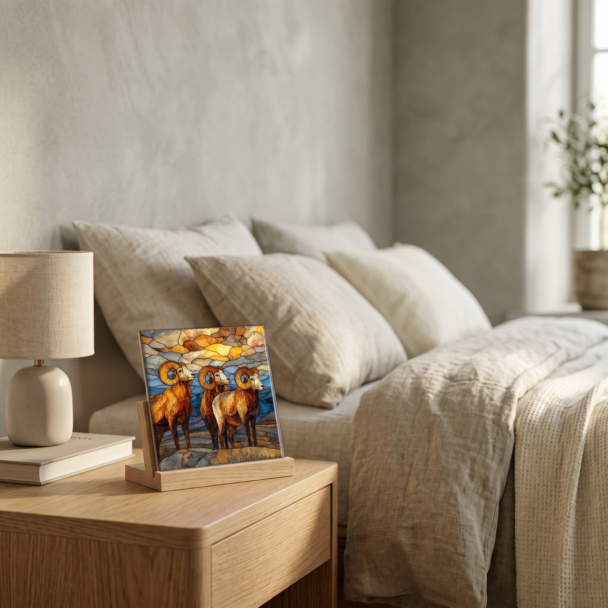 On the nightstand, on a light oak stand.