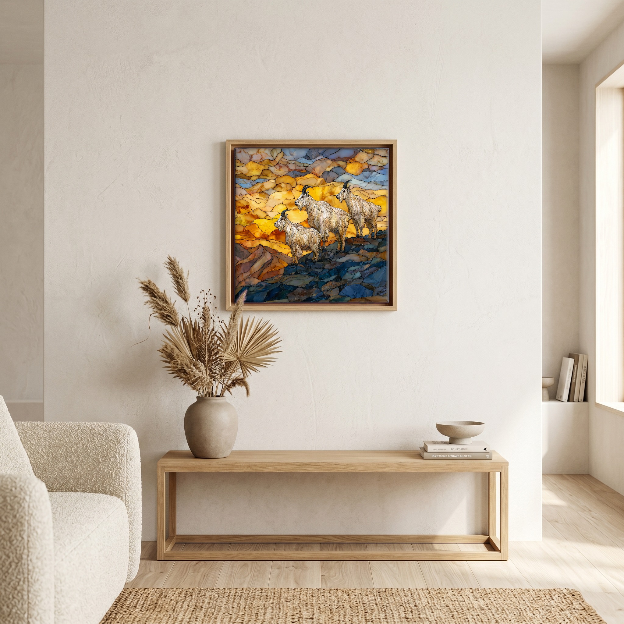 Above the bench, in a warm oak surround.