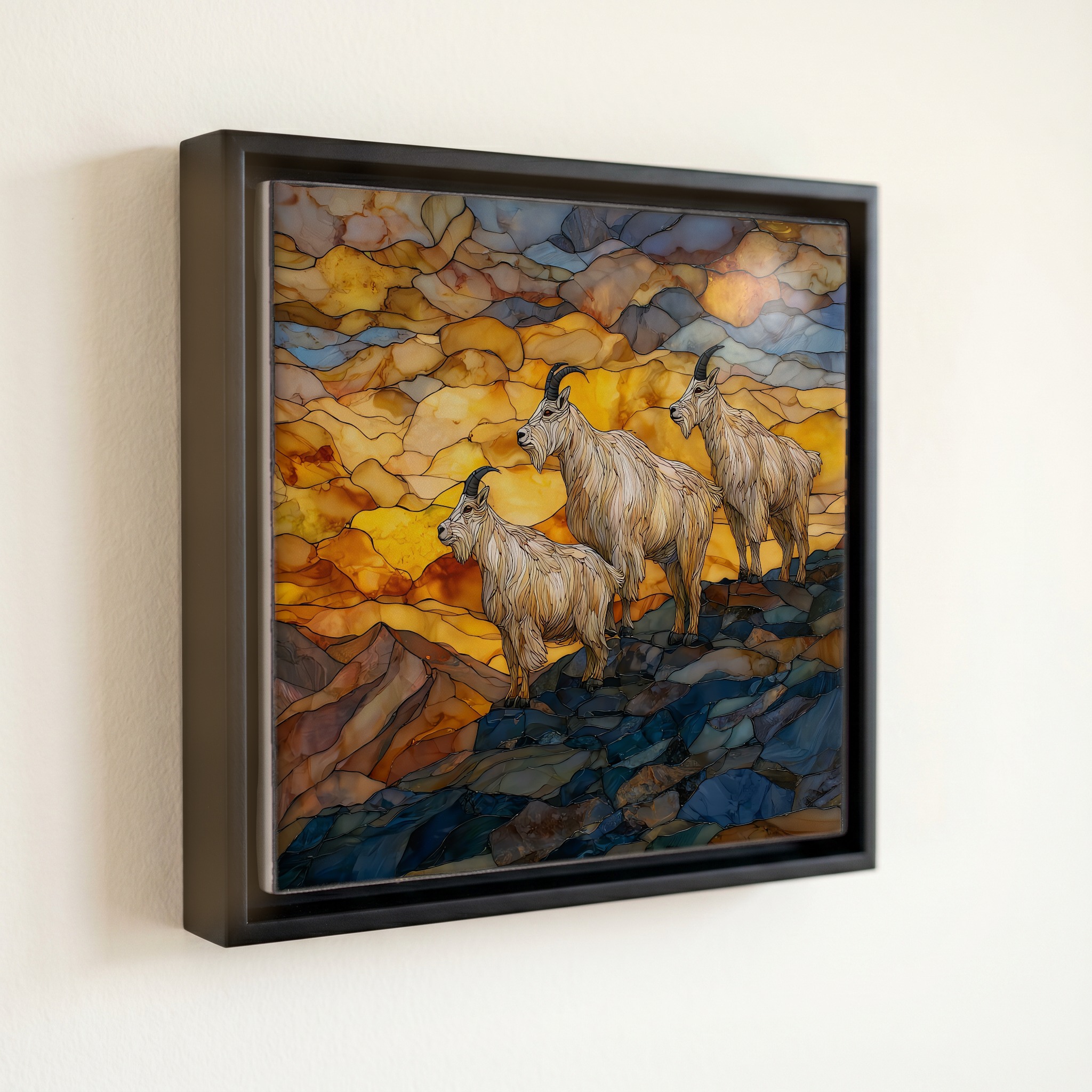 shown in a slim black floating frame · 6 × 6 in