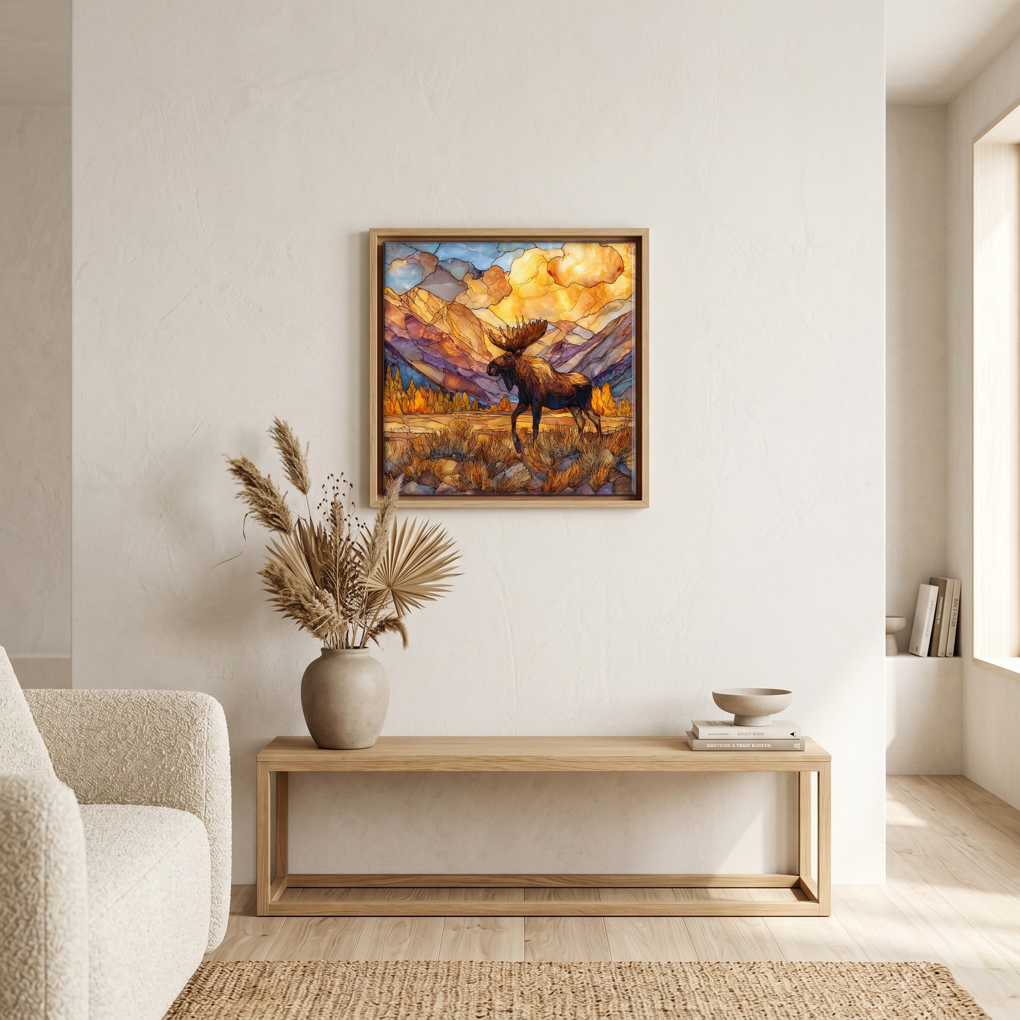 Above the bench, in a warm oak surround.