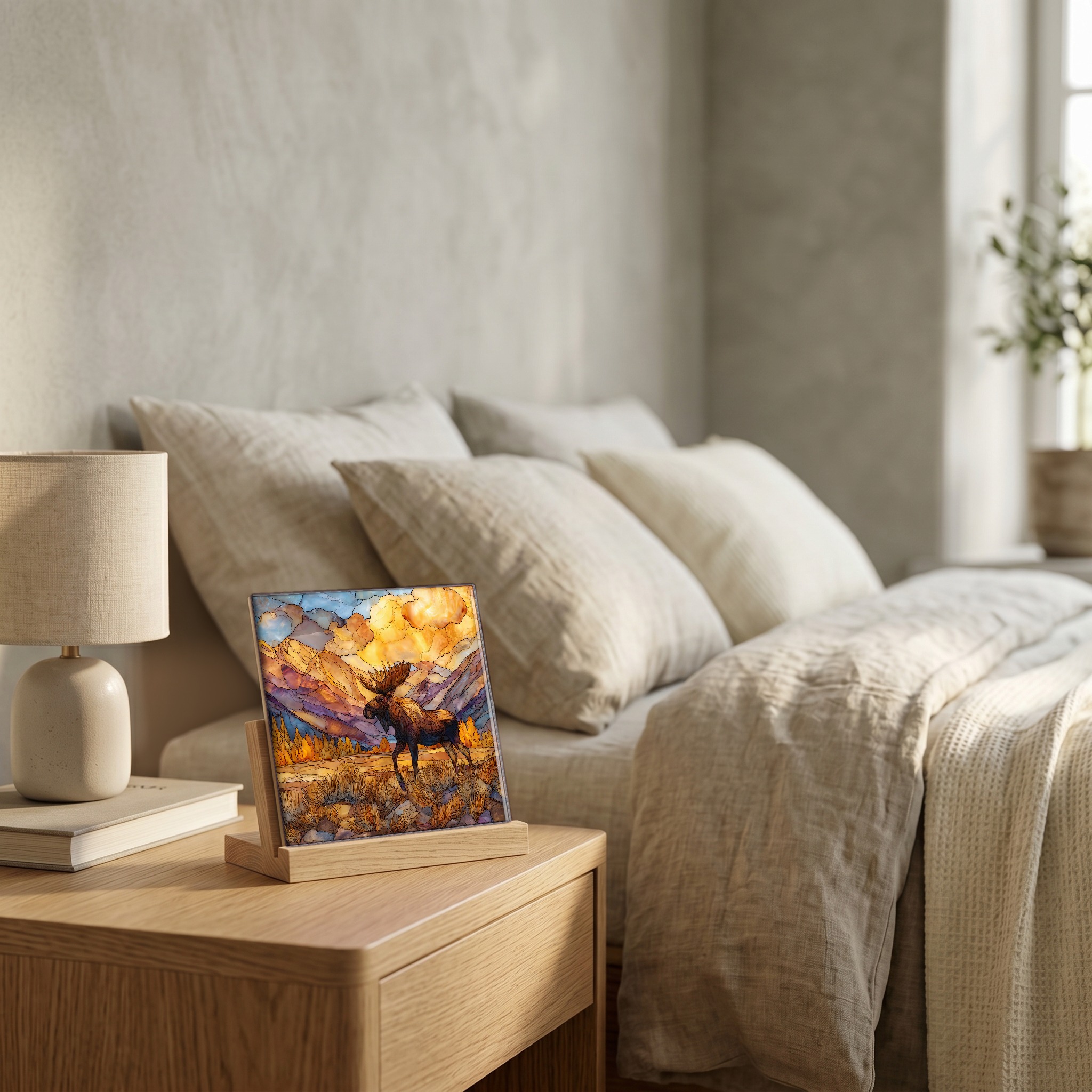 On the nightstand, on a light oak stand.