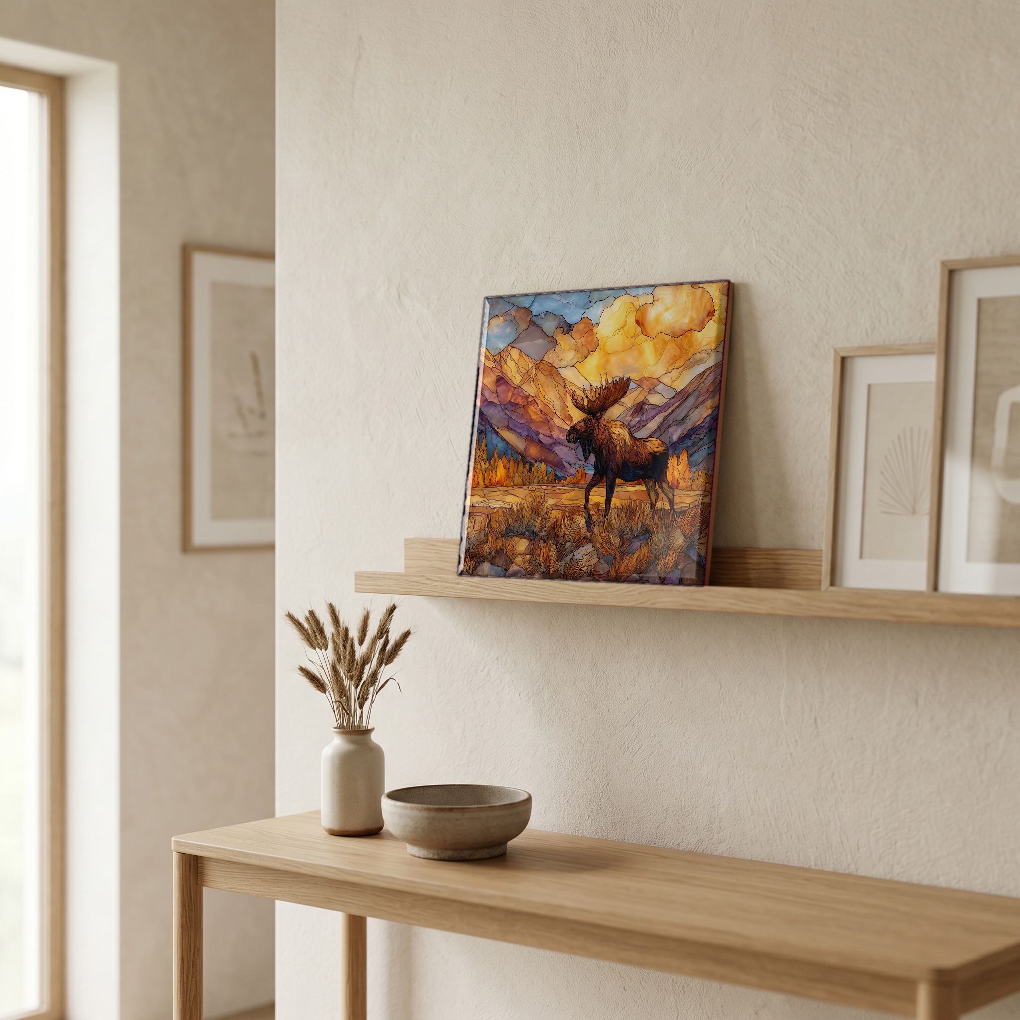 On a picture ledge, where the light comes in.