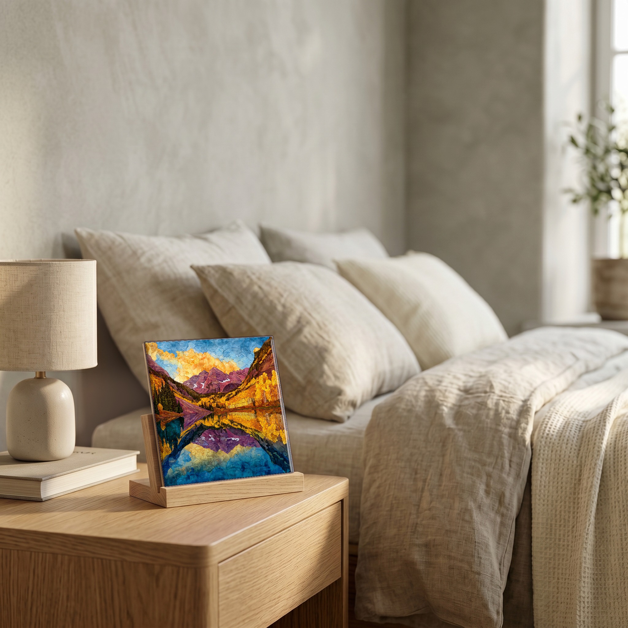 On the nightstand, on a light oak stand.