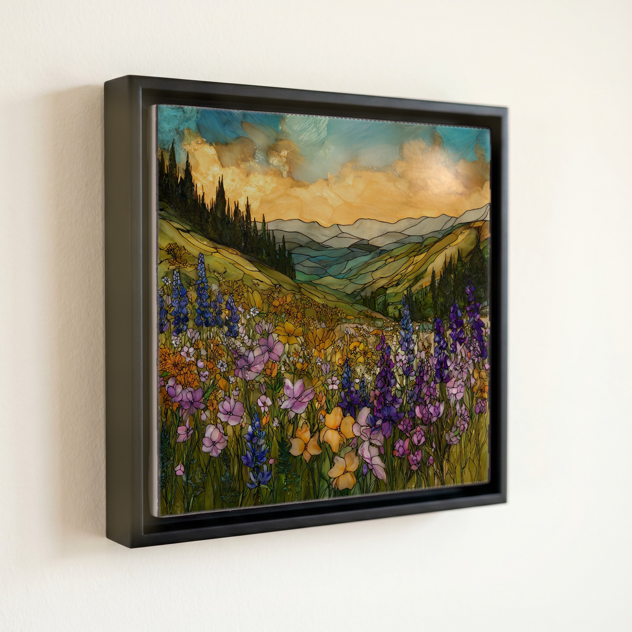 shown in a slim black floating frame · 6 × 6 in