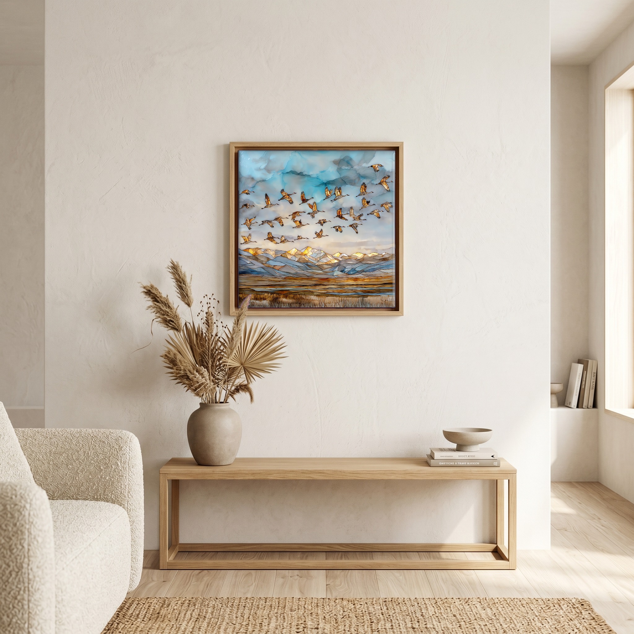 Above the bench, in a warm oak surround.