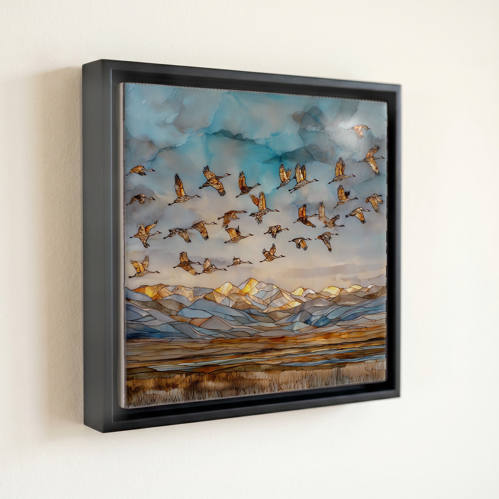 shown in a slim black floating frame · 6 × 6 in