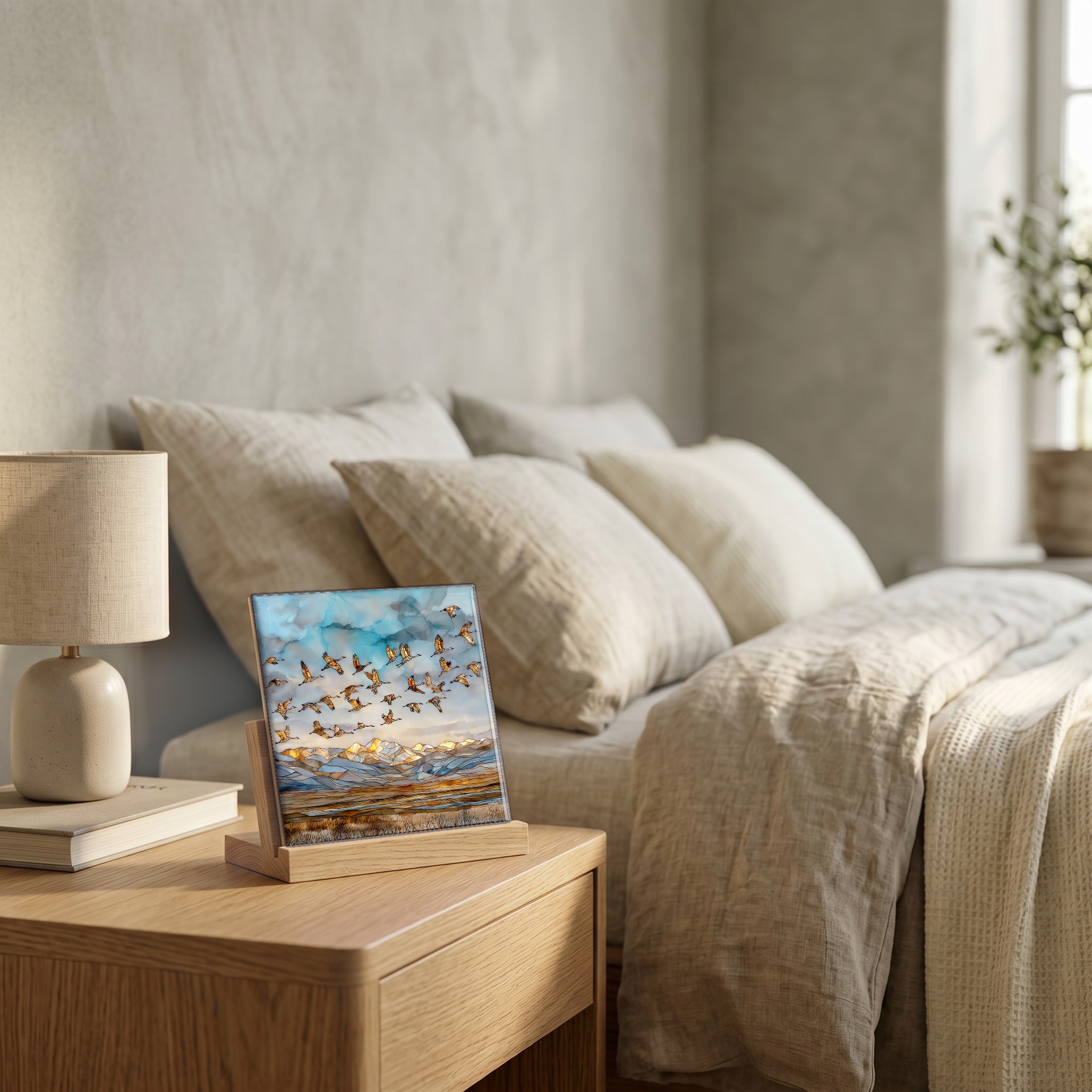 On the nightstand, on a light oak stand.