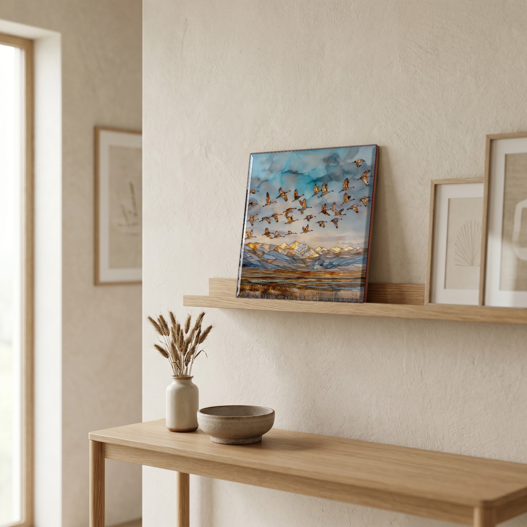 On a picture ledge, where the light comes in.