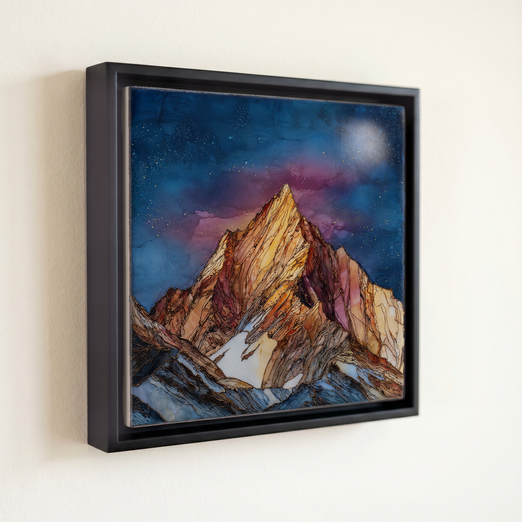 shown in a slim black floating frame · 6 × 6 in