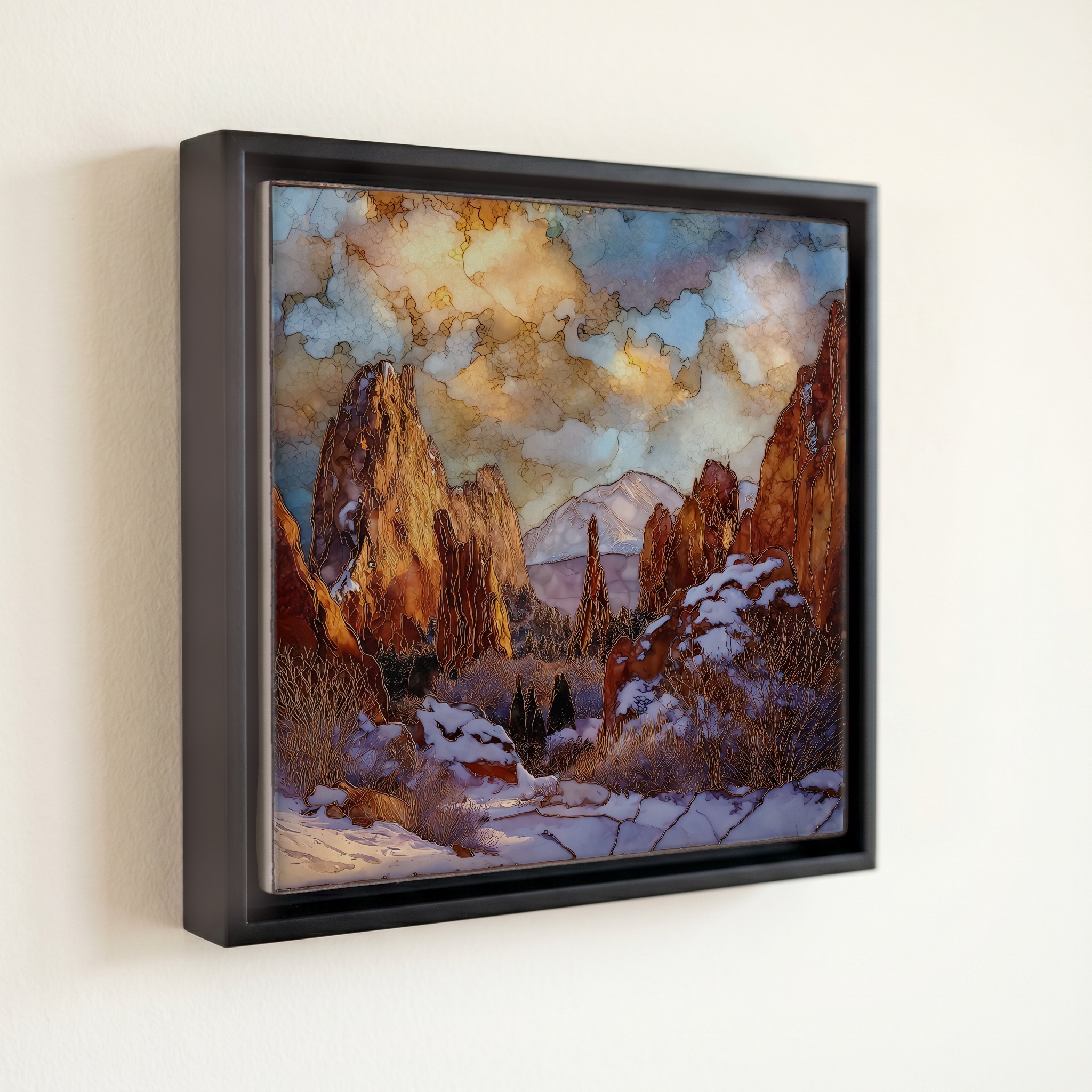 shown in a slim black floating frame · 6 × 6 in