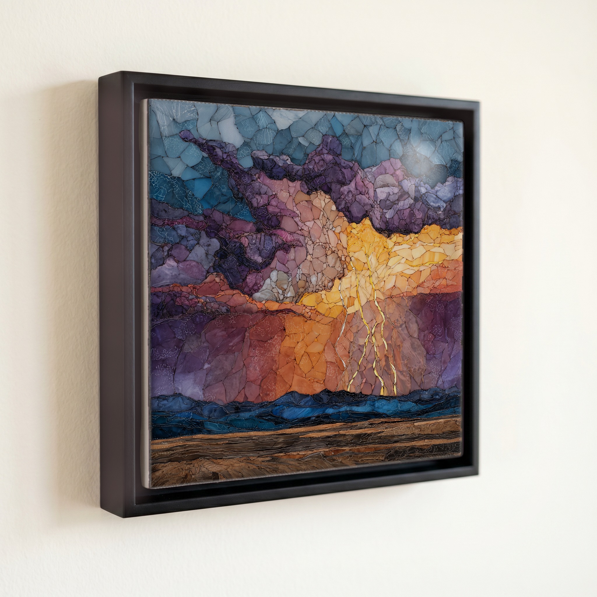 shown in a slim black floating frame · 6 × 6 in