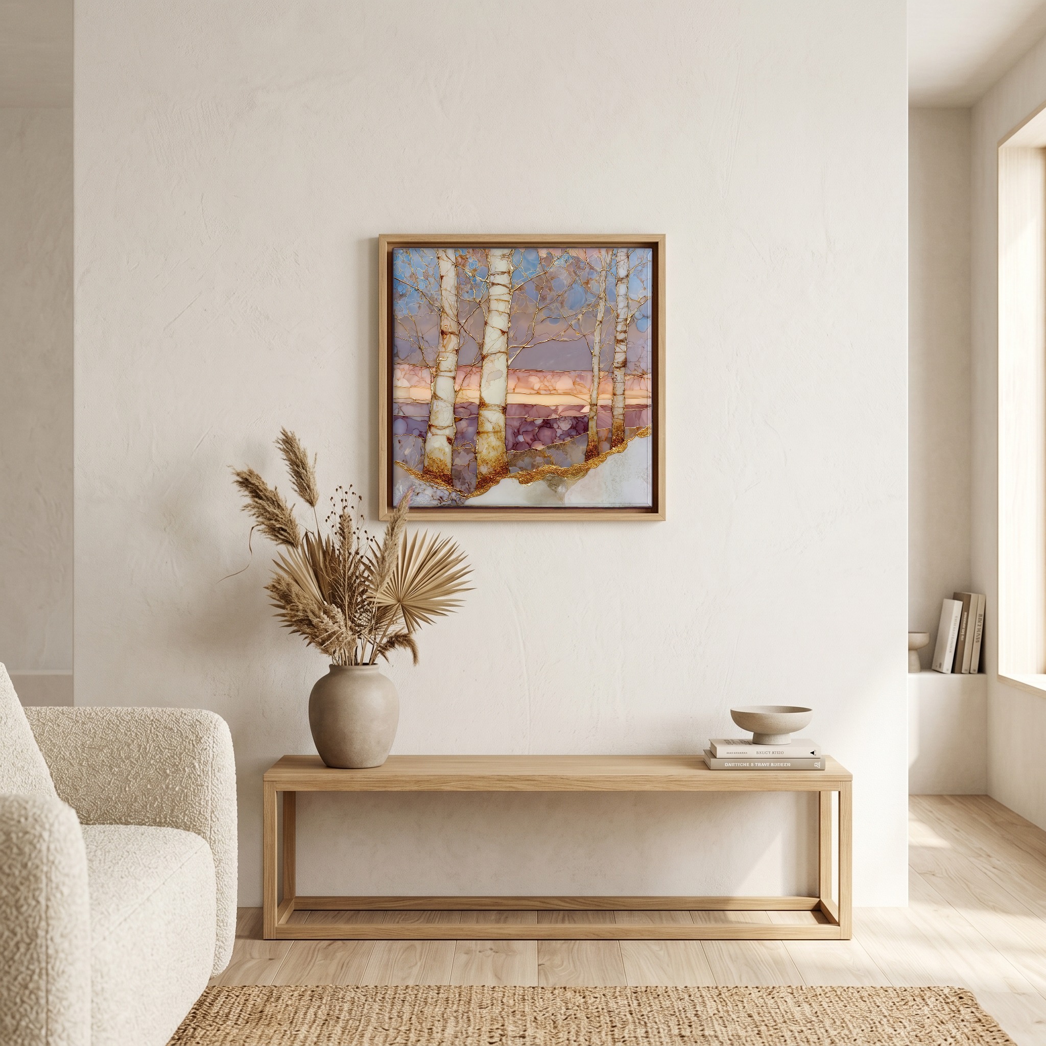 Above the bench, in a warm oak surround.