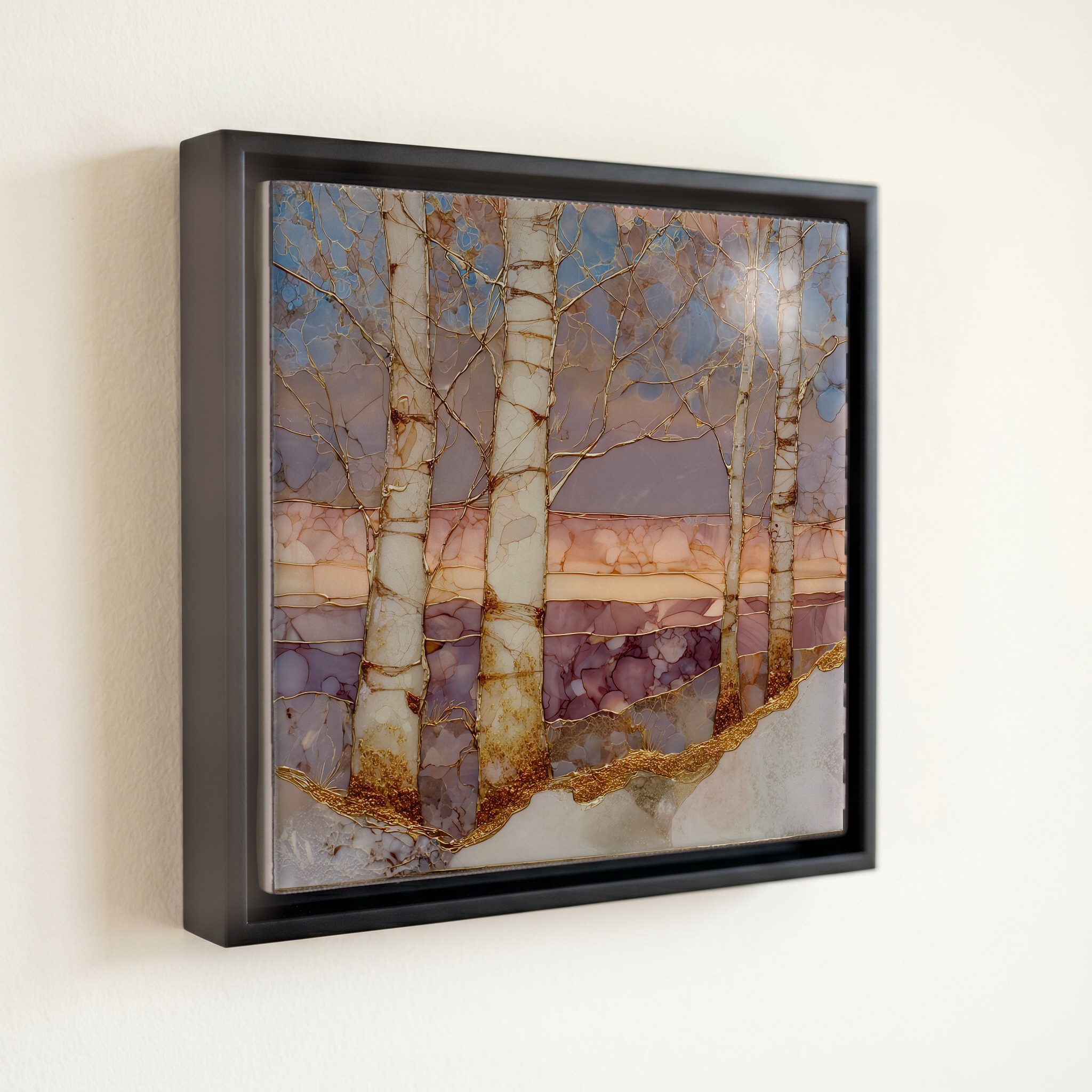 shown in a slim black floating frame · 6 × 6 in