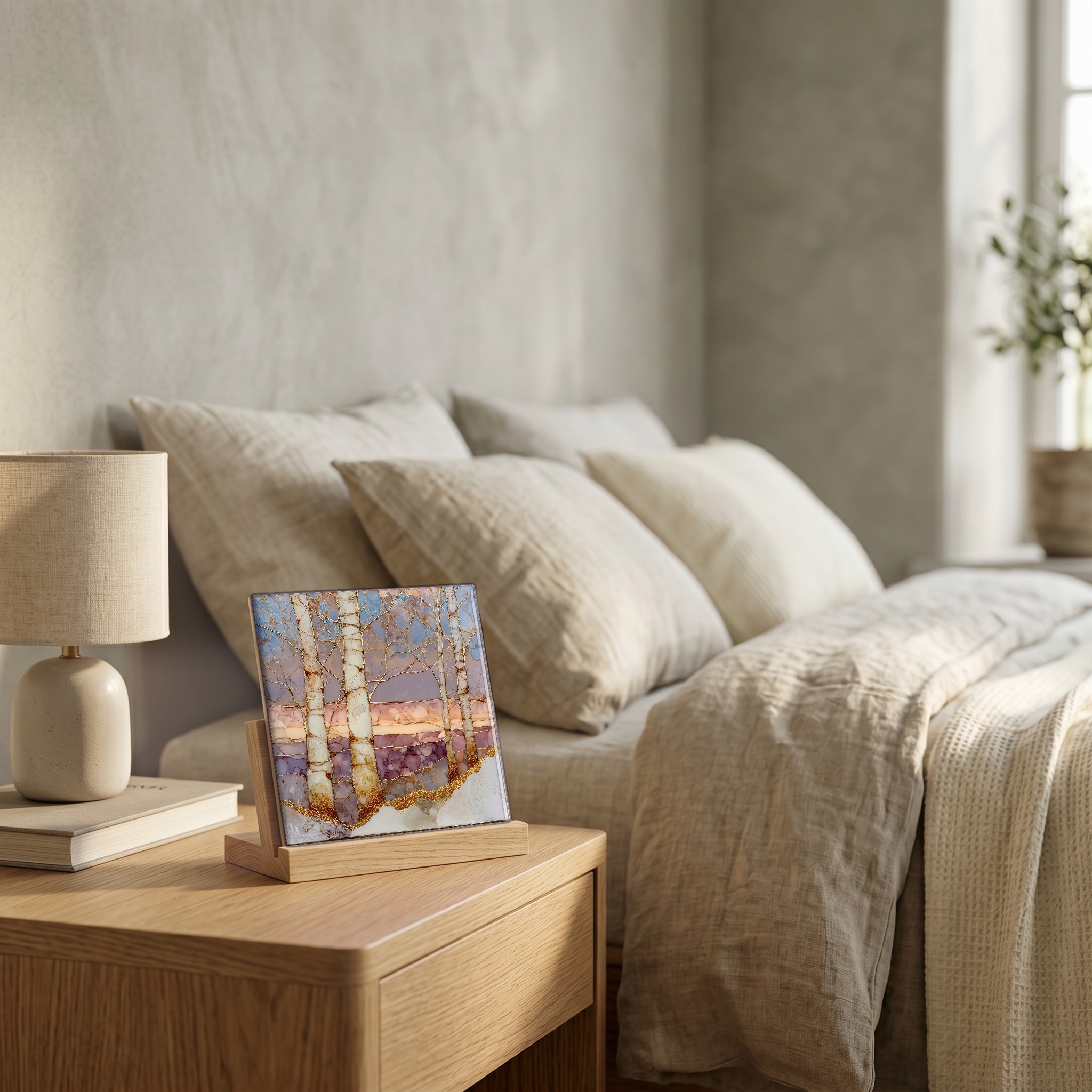 On the nightstand, on a light oak stand.