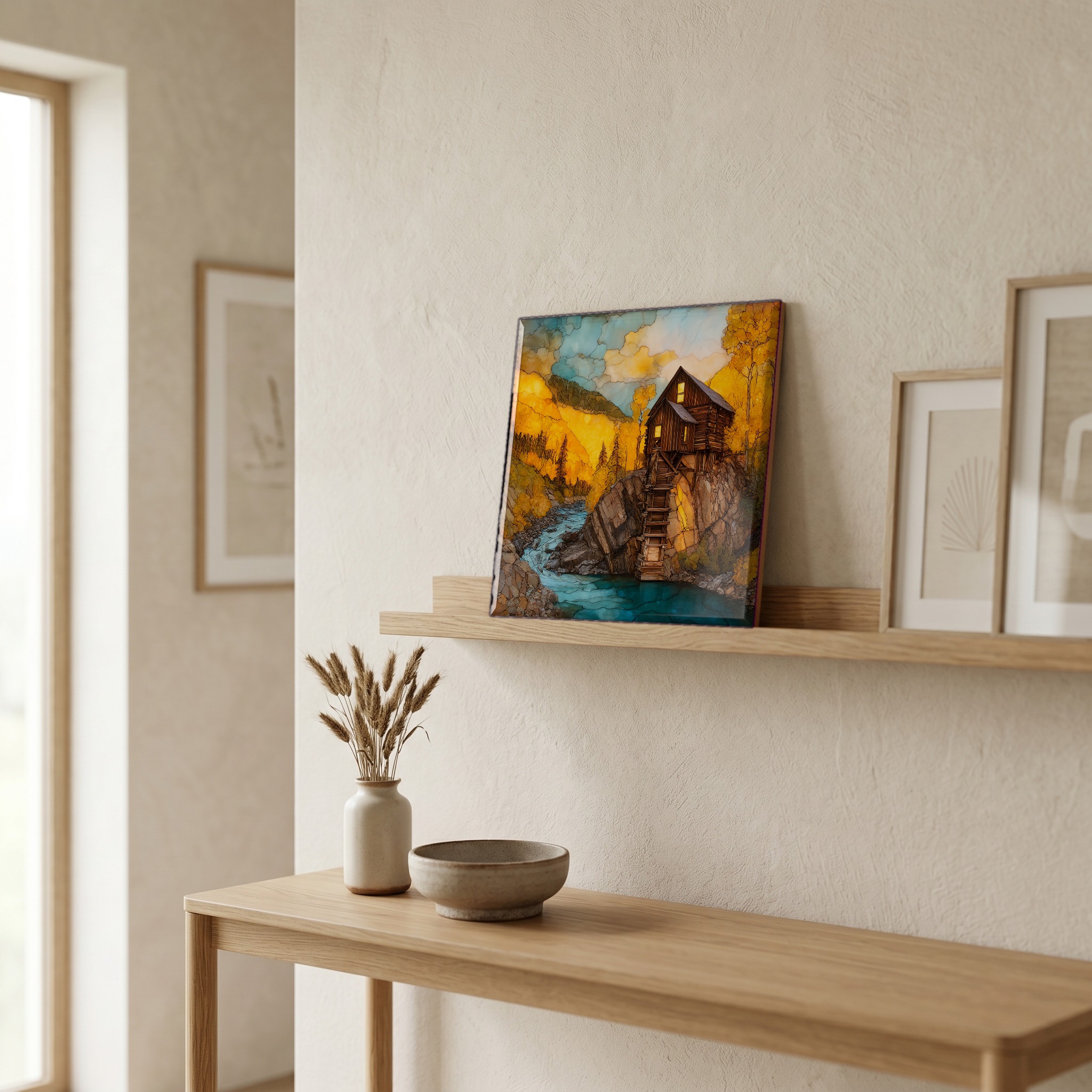 On a picture ledge, where the light comes in.