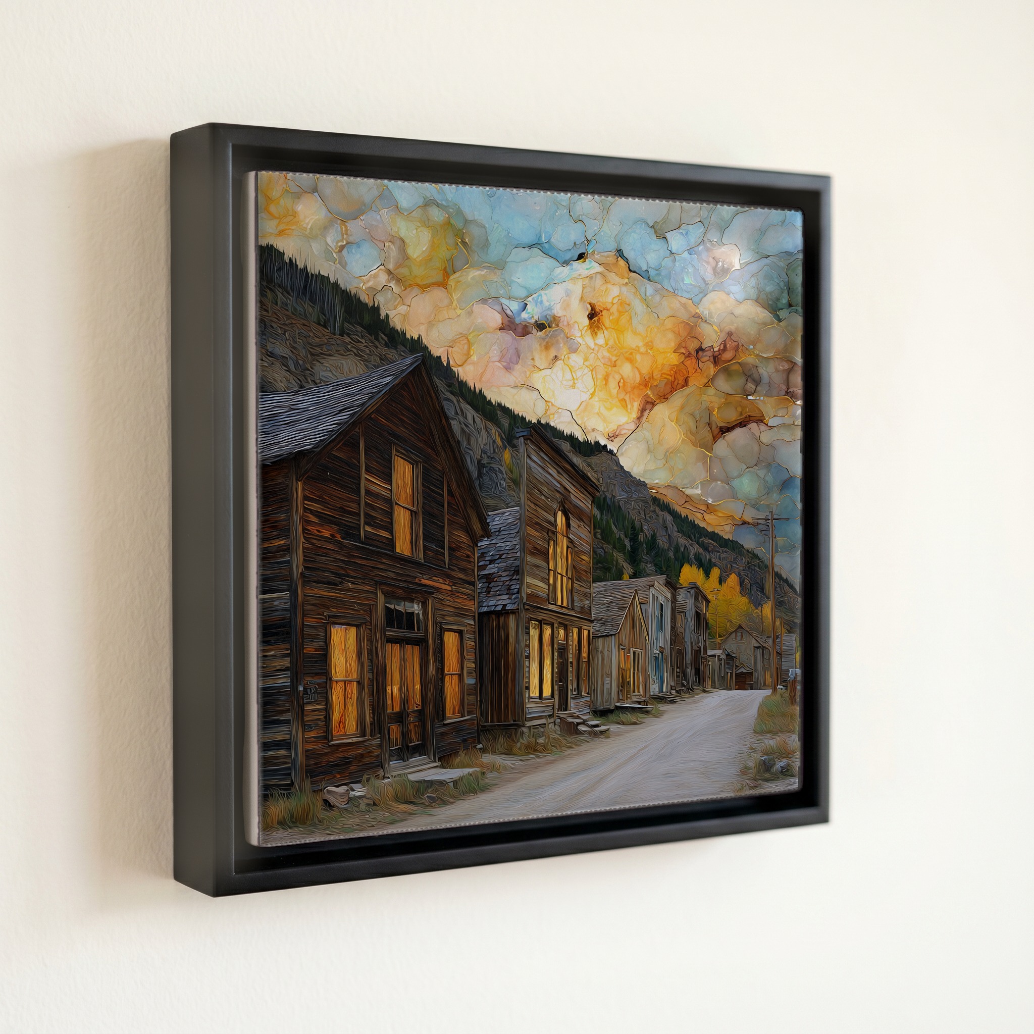 shown in a slim black floating frame · 6 × 6 in
