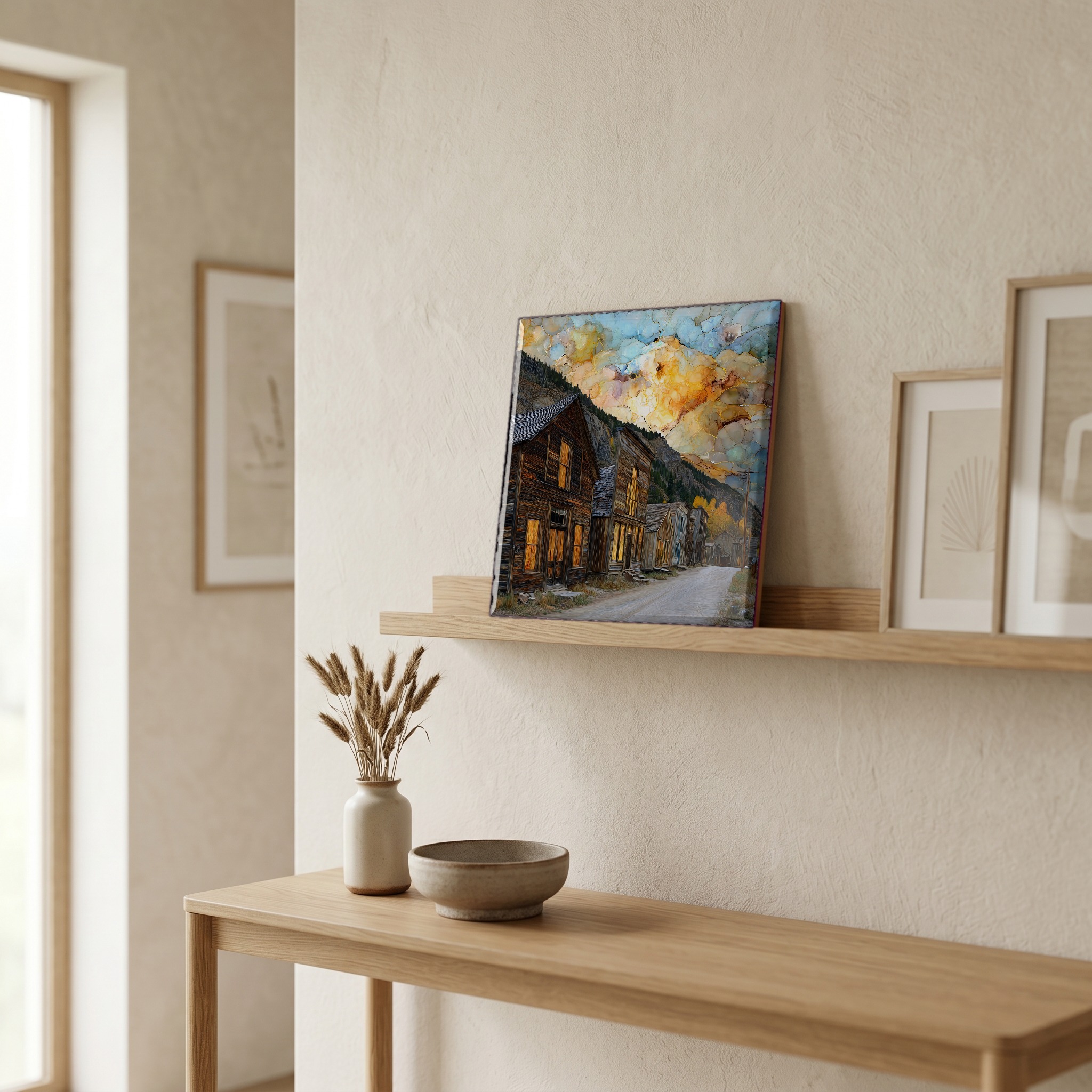 On a picture ledge, where the light comes in.